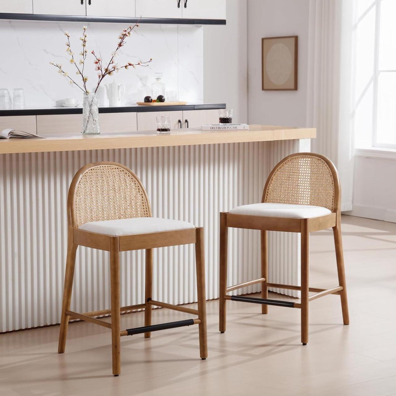 Alt view image 2 of 7 - HEAH-YO Rattan Counter Stools Set of 2, 26 Inches Counter Height Bar Stools with Rattan Backs and Wood Legs, Uphlostered Linen Fabric Counter Height Stools for Kitchen Island, Beige