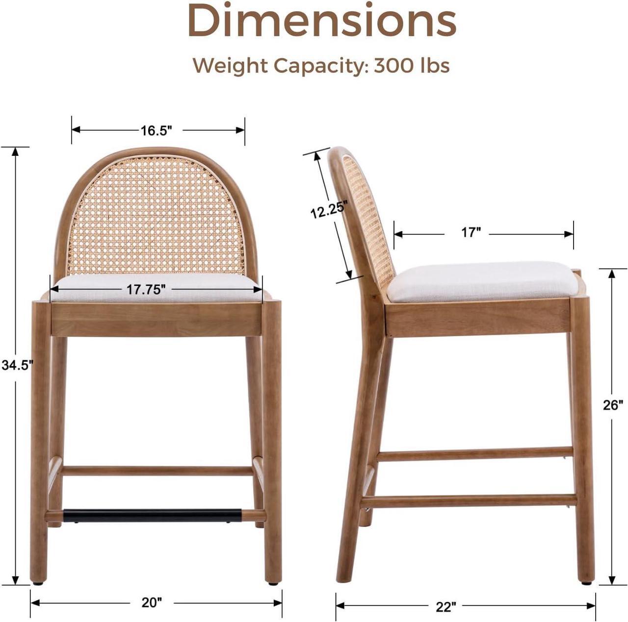 Alt view image 3 of 7 - HEAH-YO Rattan Counter Stools Set of 2, 26 Inches Counter Height Bar Stools with Rattan Backs and Wood Legs, Uphlostered Linen Fabric Counter Height Stools for Kitchen Island, Beige