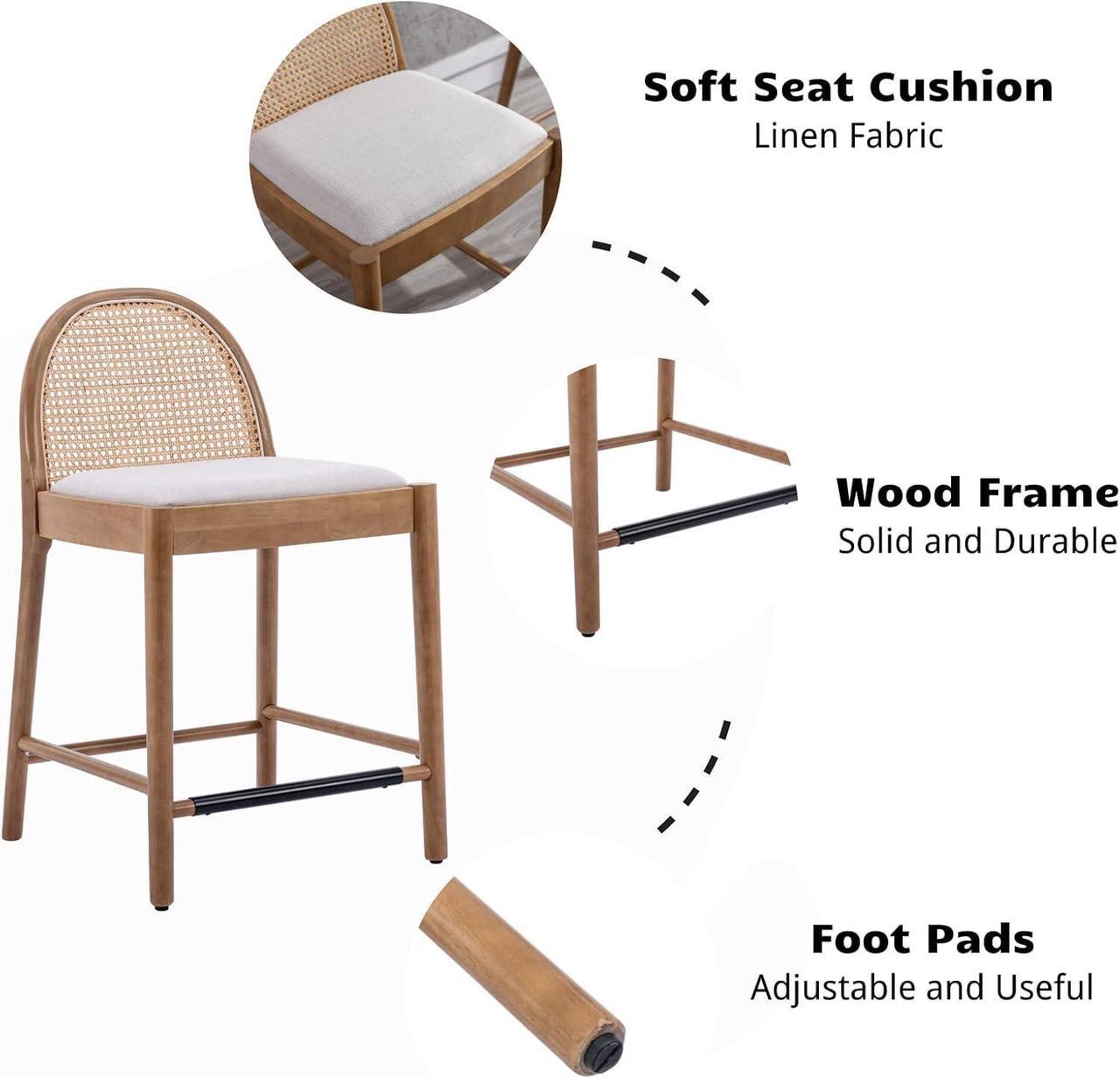 Alt view image 5 of 7 - HEAH-YO Rattan Counter Stools Set of 2, 26 Inches Counter Height Bar Stools with Rattan Backs and Wood Legs, Uphlostered Linen Fabric Counter Height Stools for Kitchen Island, Beige