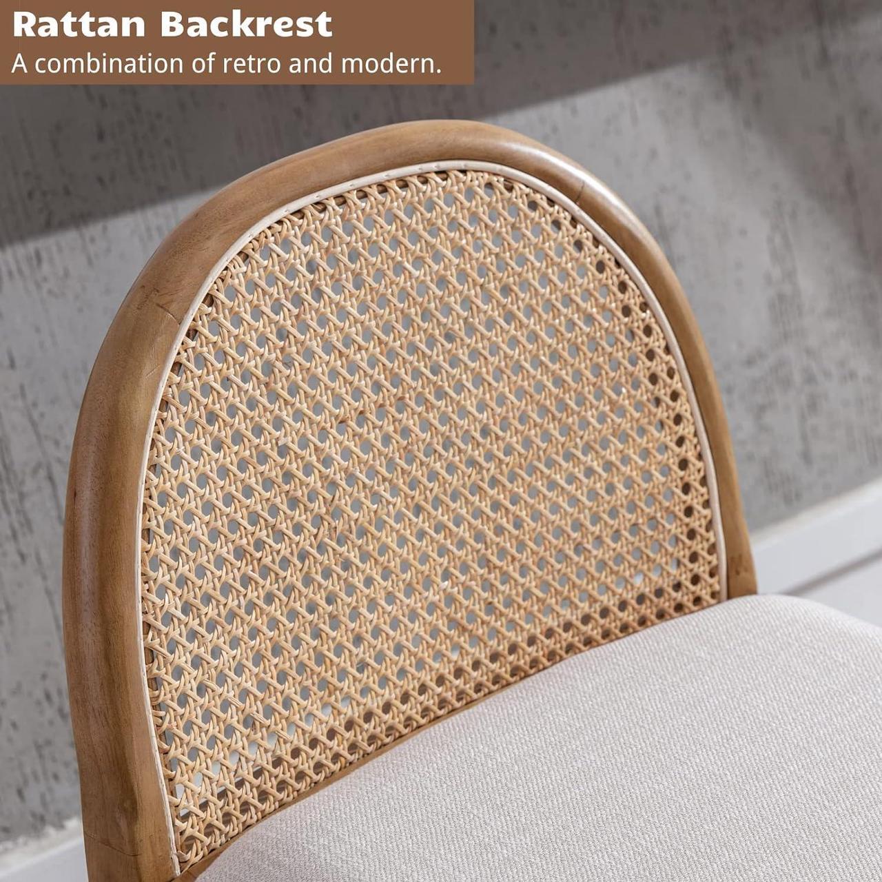 Alt view image 6 of 7 - HEAH-YO Rattan Counter Stools Set of 2, 26 Inches Counter Height Bar Stools with Rattan Backs and Wood Legs, Uphlostered Linen Fabric Counter Height Stools for Kitchen Island, Beige