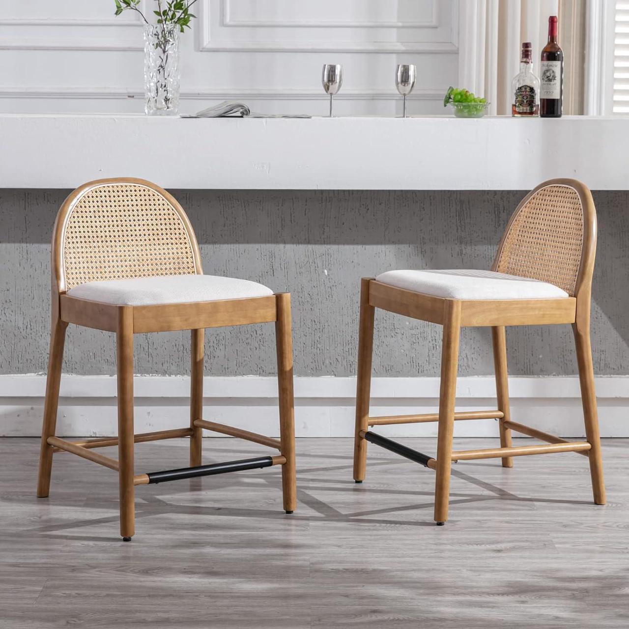 Alt view image 7 of 7 - HEAH-YO Rattan Counter Stools Set of 2, 26 Inches Counter Height Bar Stools with Rattan Backs and Wood Legs, Uphlostered Linen Fabric Counter Height Stools for Kitchen Island, Beige