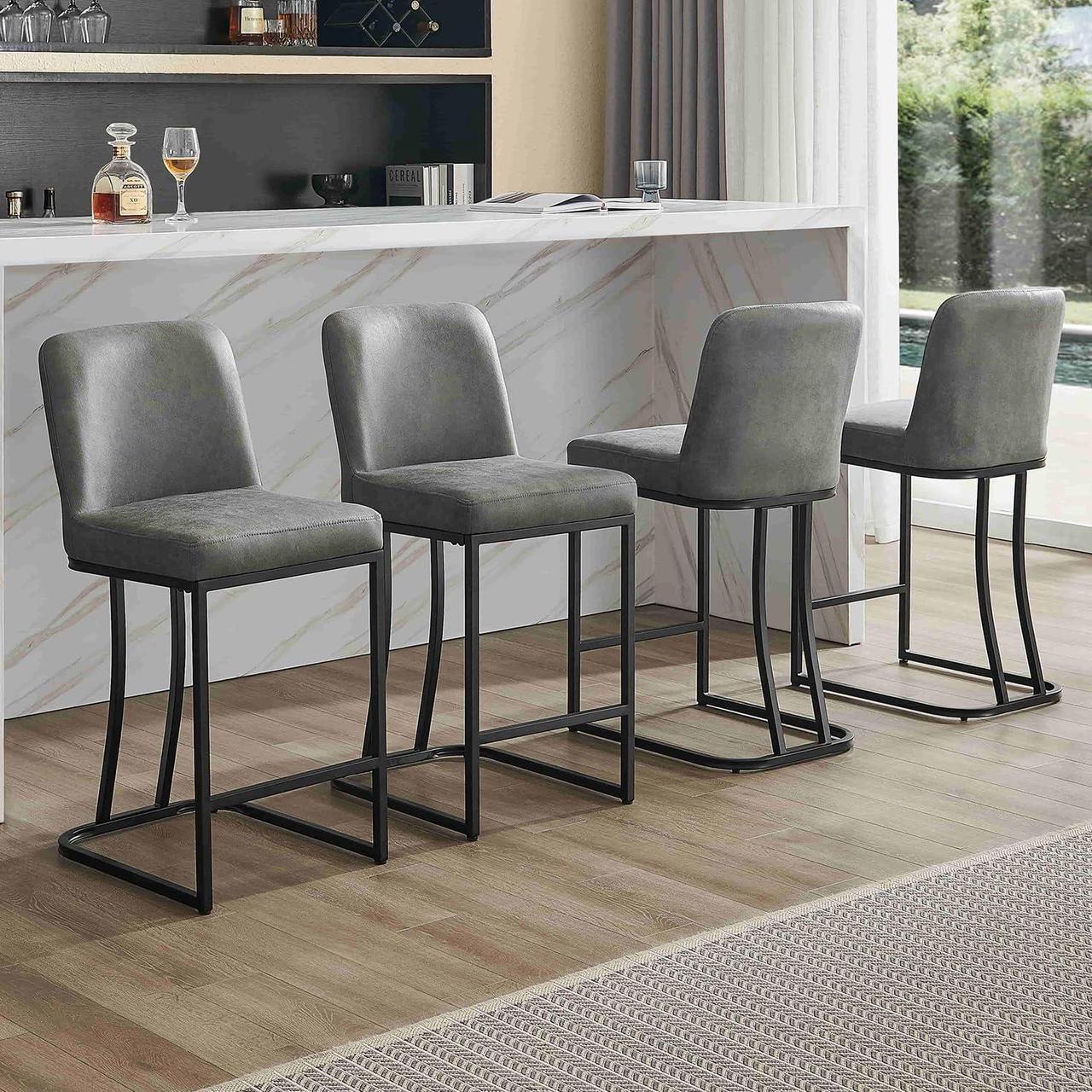 Alt view image 2 of 7 - Leather Bar Stools Set of 4, 24" Counter Height Barstools with Gold Metal Frame, Gold Bar Chairs for Kitchen Island, Bar, Pub (Grey)