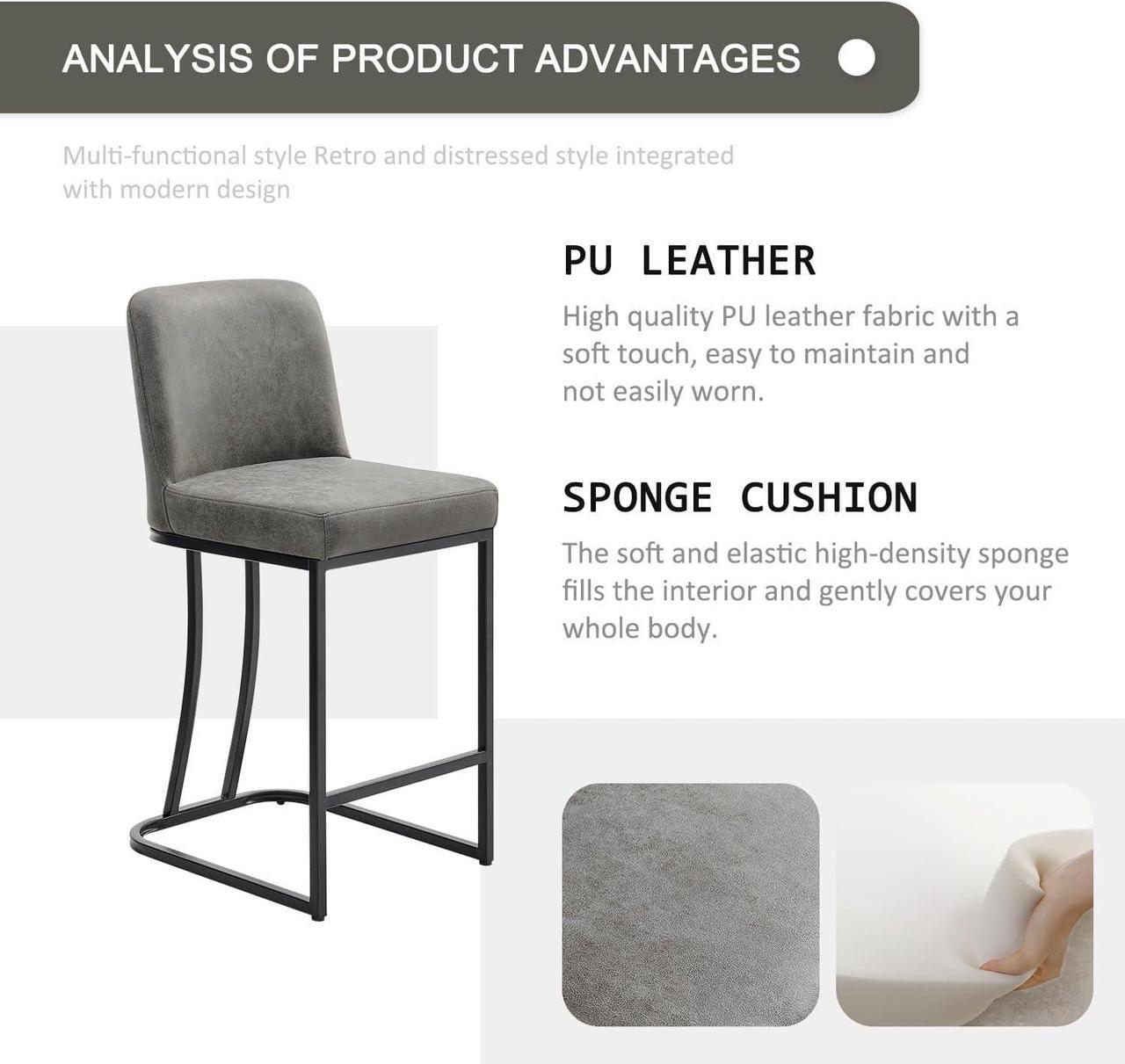 Alt view image 4 of 7 - Leather Bar Stools Set of 4, 24" Counter Height Barstools with Gold Metal Frame, Gold Bar Chairs for Kitchen Island, Bar, Pub (Grey)