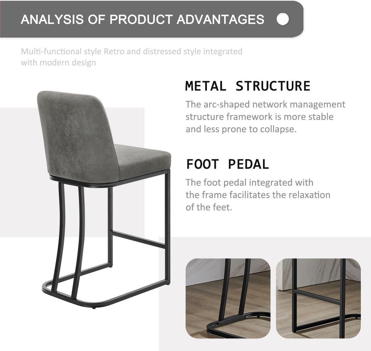 Alt view image 5 of 7 - Leather Bar Stools Set of 4, 24" Counter Height Barstools with Gold Metal Frame, Gold Bar Chairs for Kitchen Island, Bar, Pub (Grey)