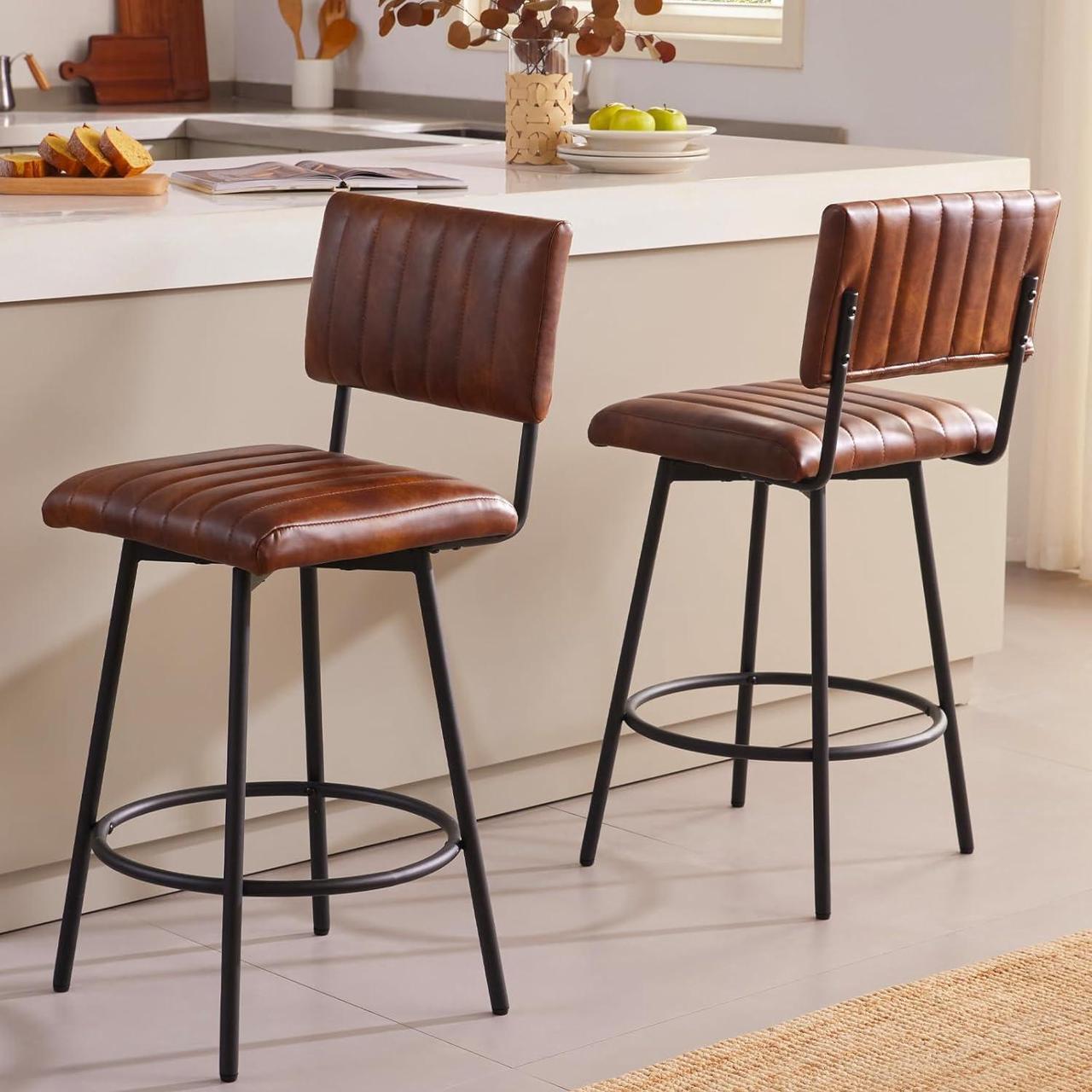Main image of Swivel Counter Height Barstool with Back, Upholstered 26'' Counter Stool with Metal Frame, Channel Seat Back, Faux Leather Dark Brown