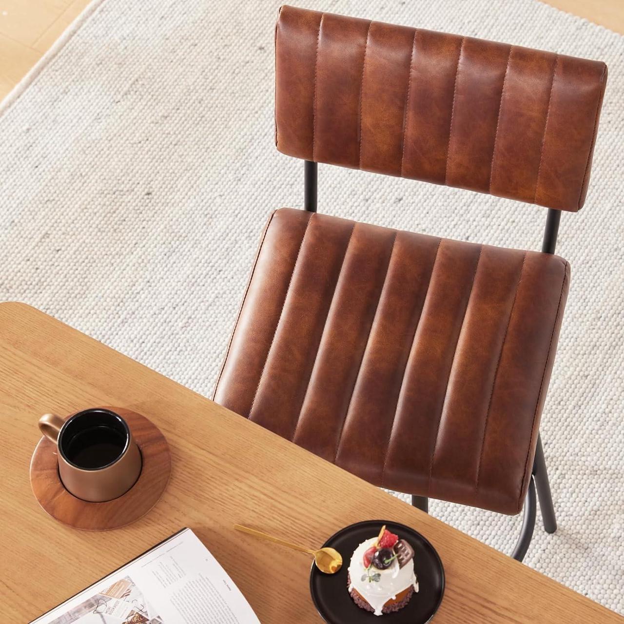 Alt view image 3 of 6 - Swivel Counter Height Barstool with Back, Upholstered 26'' Counter Stool with Metal Frame, Channel Seat Back, Faux Leather Dark Brown