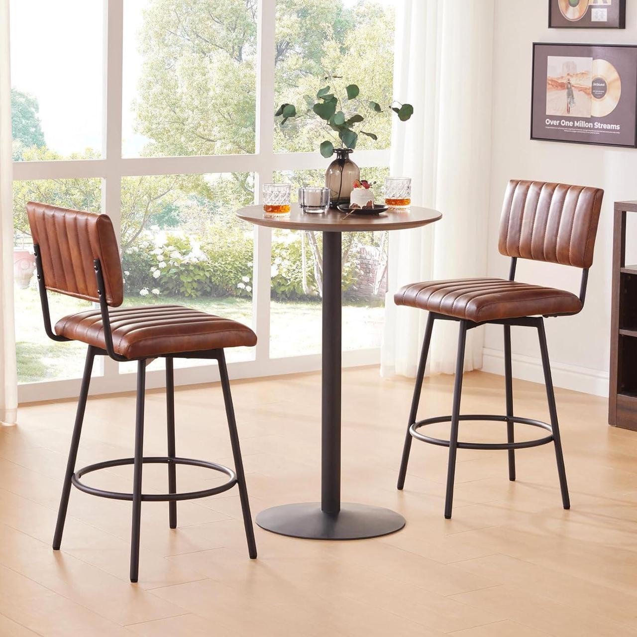 Alt view image 4 of 6 - Swivel Counter Height Barstool with Back, Upholstered 26'' Counter Stool with Metal Frame, Channel Seat Back, Faux Leather Dark Brown