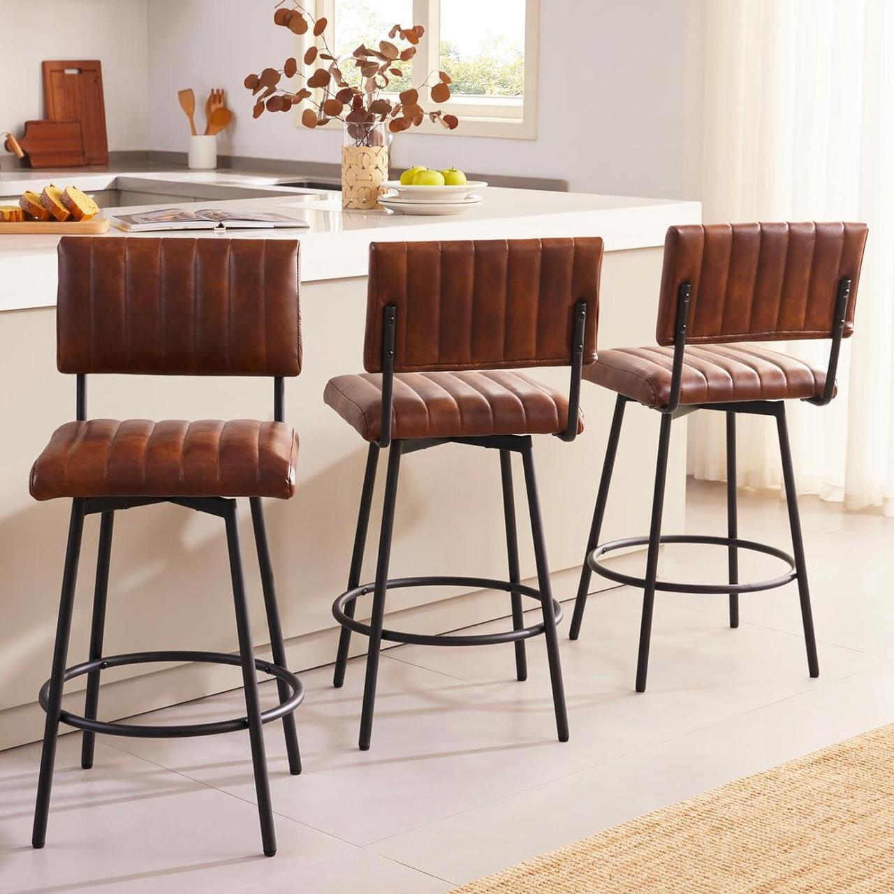 Alt view image 6 of 6 - Swivel Counter Height Barstool with Back, Upholstered 26'' Counter Stool with Metal Frame, Channel Seat Back, Faux Leather Dark Brown