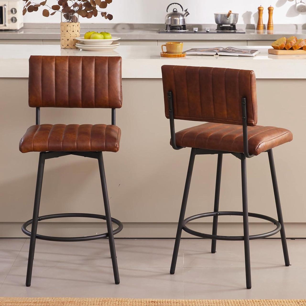 Alt view image 5 of 6 - Swivel Counter Height Barstool with Back, Upholstered 26'' Counter Stool with Metal Frame, Channel Seat Back, Faux Leather Dark Brown