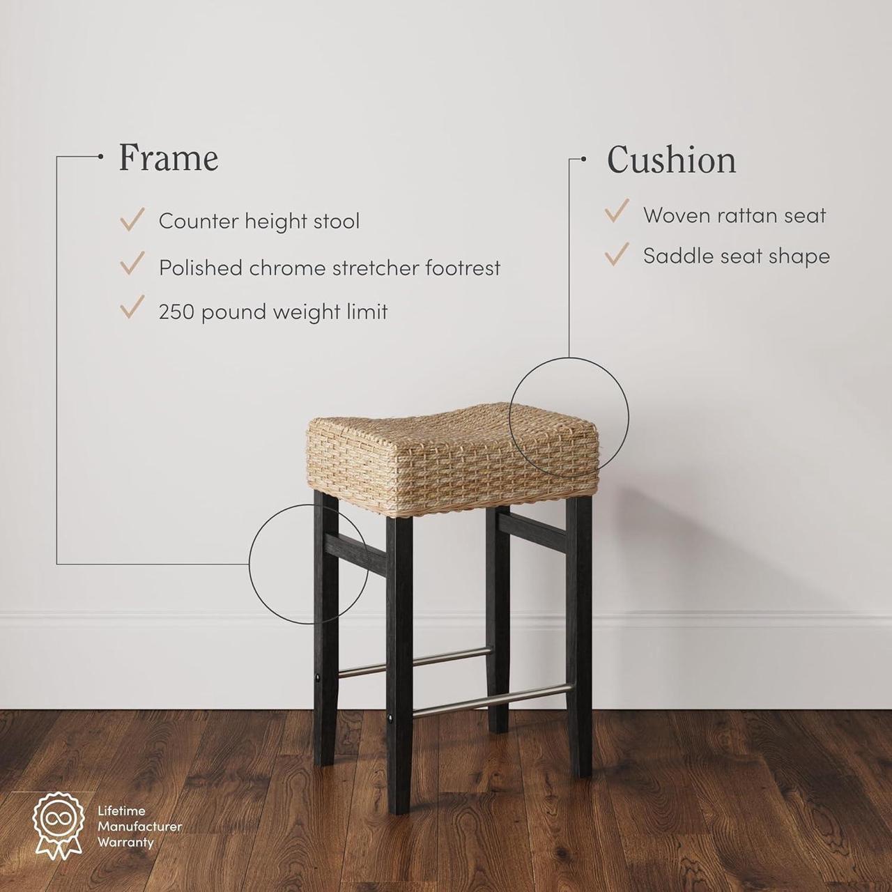 Alt view image 4 of 7 - Nathan James Harvey Rattan Bar Stool, Bohemian Counter Height Stool with Woven Seagrass Seat, Solid Wood Legs, and Metal Footrest Seagrass/Brushed Black