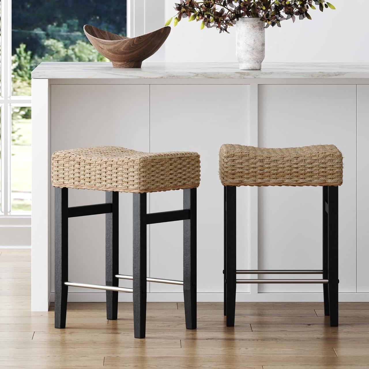 Main image of Nathan James Harvey Rattan Bar Stool, Bohemian Counter Height Stool with Woven Seagrass Seat, Solid Wood Legs, and Metal Footrest Seagrass/Brushed Black