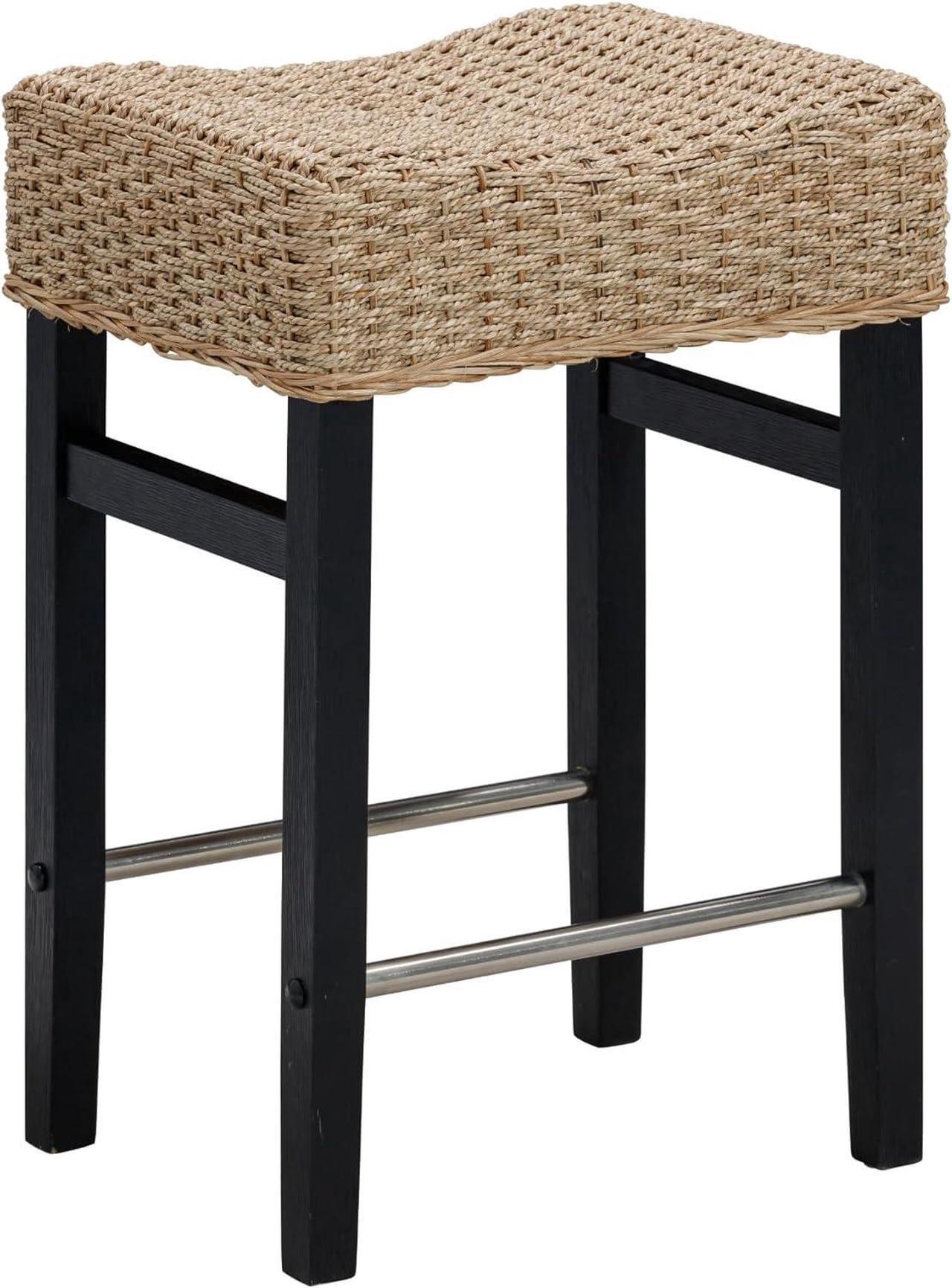 Alt view image 6 of 7 - Nathan James Harvey Rattan Bar Stool, Bohemian Counter Height Stool with Woven Seagrass Seat, Solid Wood Legs, and Metal Footrest Seagrass/Brushed Black