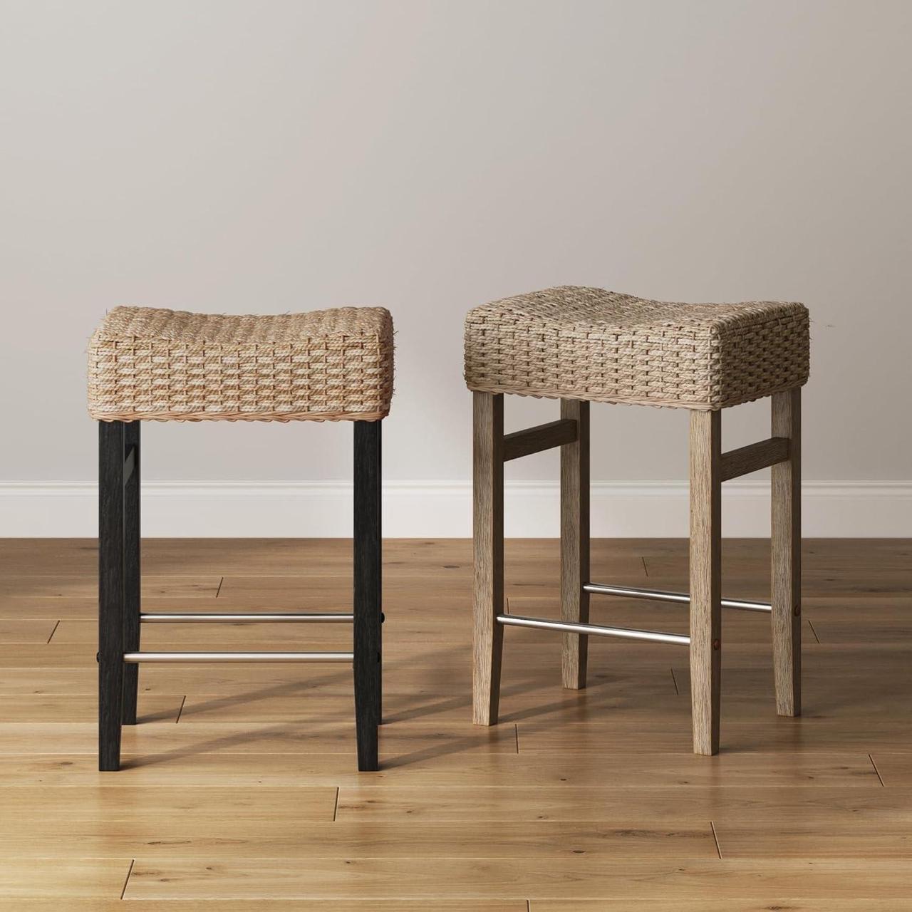 Alt view image 7 of 7 - Nathan James Harvey Rattan Bar Stool, Bohemian Counter Height Stool with Woven Seagrass Seat, Solid Wood Legs, and Metal Footrest Seagrass/Brushed Black