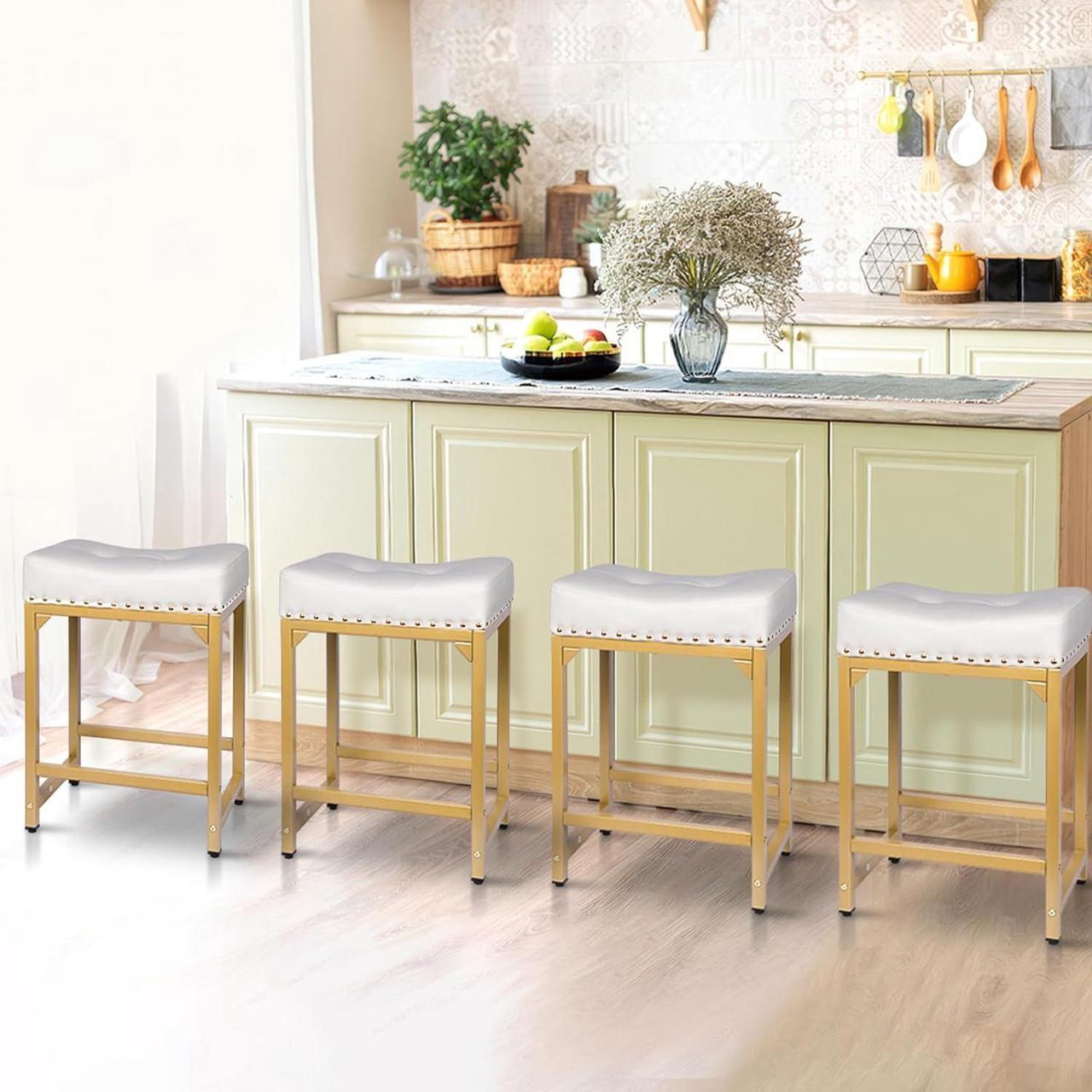 Alt view image 2 of 7 - Bar Stools Set of 4 Counter Height, White & Gold Bar Stools for Kitchen Island, 24 Inch Modern Counter Stools Set of 4 Backless Barstools Stools for Kitchen Counter (White+Gold)