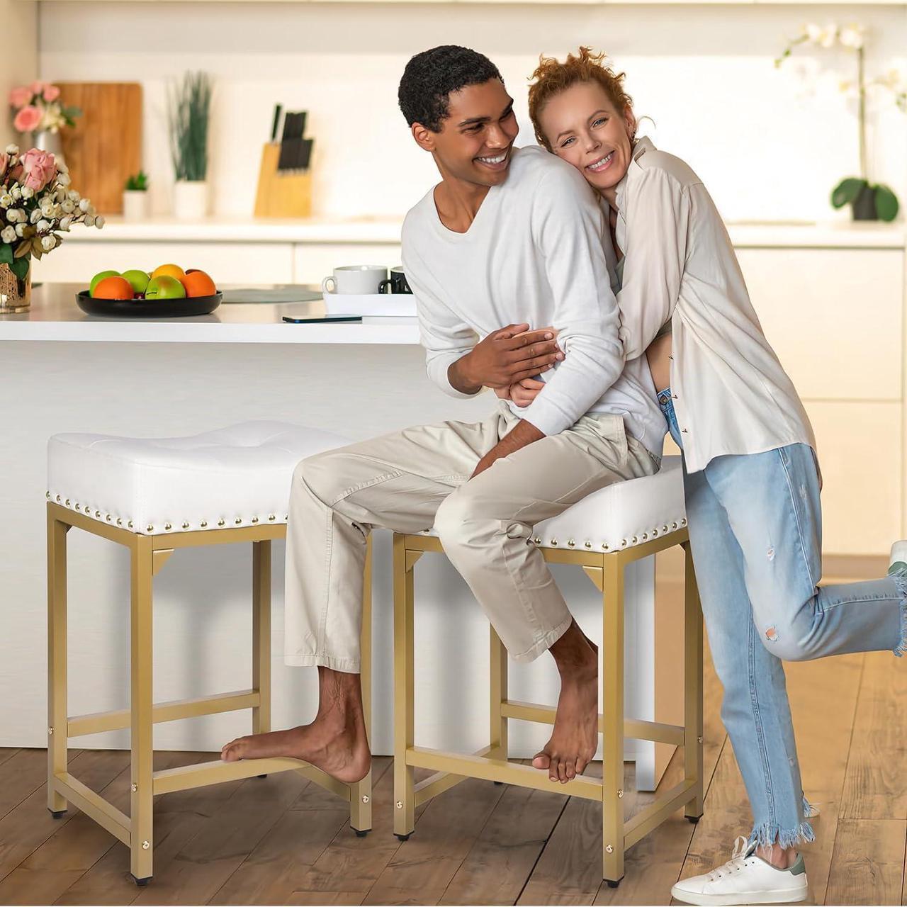Alt view image 5 of 7 - Bar Stools Set of 4 Counter Height, White & Gold Bar Stools for Kitchen Island, 24 Inch Modern Counter Stools Set of 4 Backless Barstools Stools for Kitchen Counter (White+Gold)