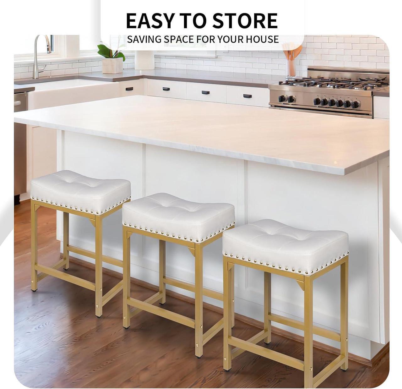 Alt view image 6 of 7 - Bar Stools Set of 4 Counter Height, White & Gold Bar Stools for Kitchen Island, 24 Inch Modern Counter Stools Set of 4 Backless Barstools Stools for Kitchen Counter (White+Gold)