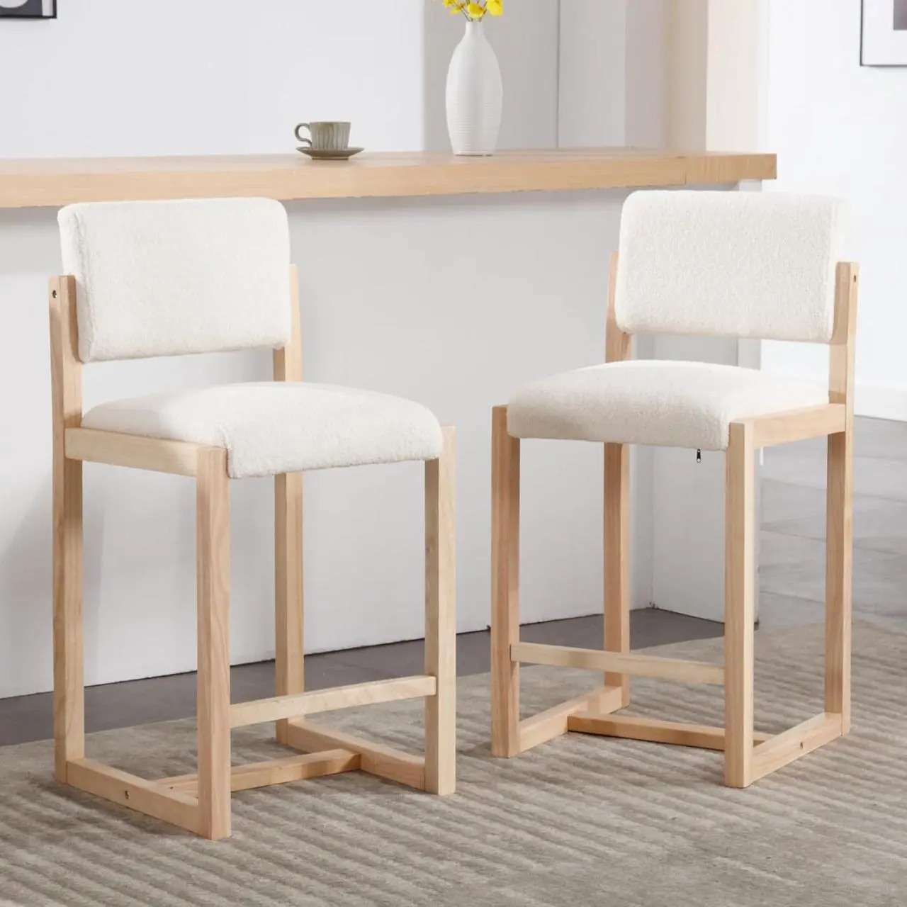 Alt view image 2 of 7 - DUOMAY Modern Bar Stools Set of 4, 26" Counter Height Barstools, Sherpa Upholstered Kitchen Island Chair with Wood Legs for Home Bar Coffee Shop, White