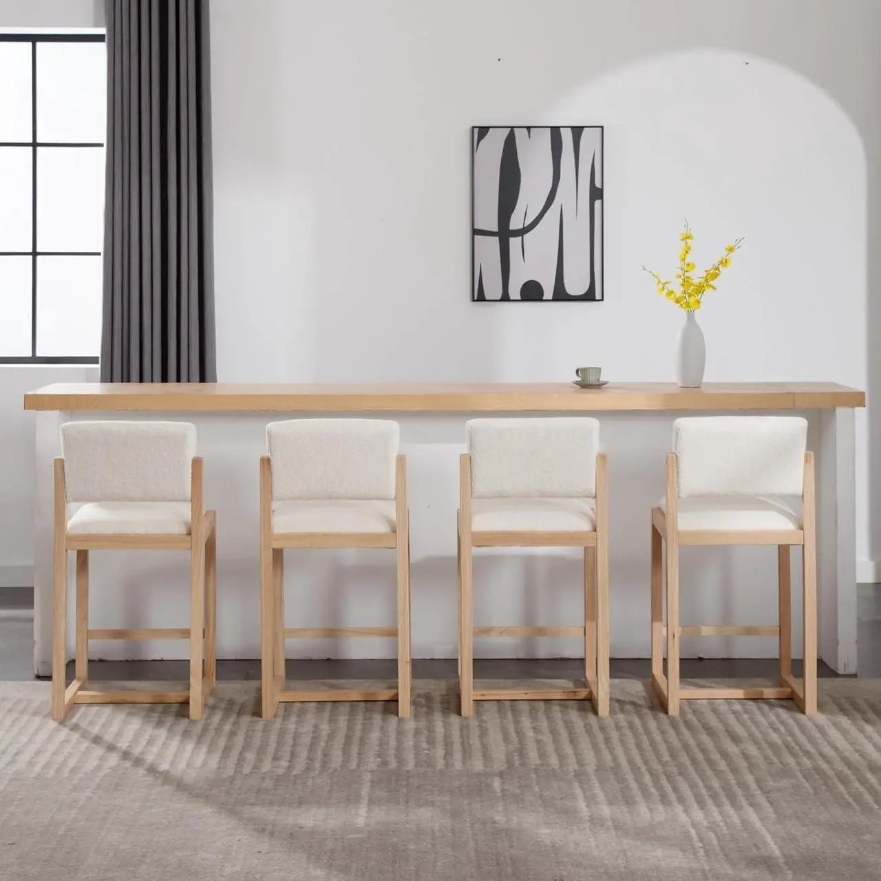 Alt view image 6 of 7 - DUOMAY Modern Bar Stools Set of 4, 26" Counter Height Barstools, Sherpa Upholstered Kitchen Island Chair with Wood Legs for Home Bar Coffee Shop, White
