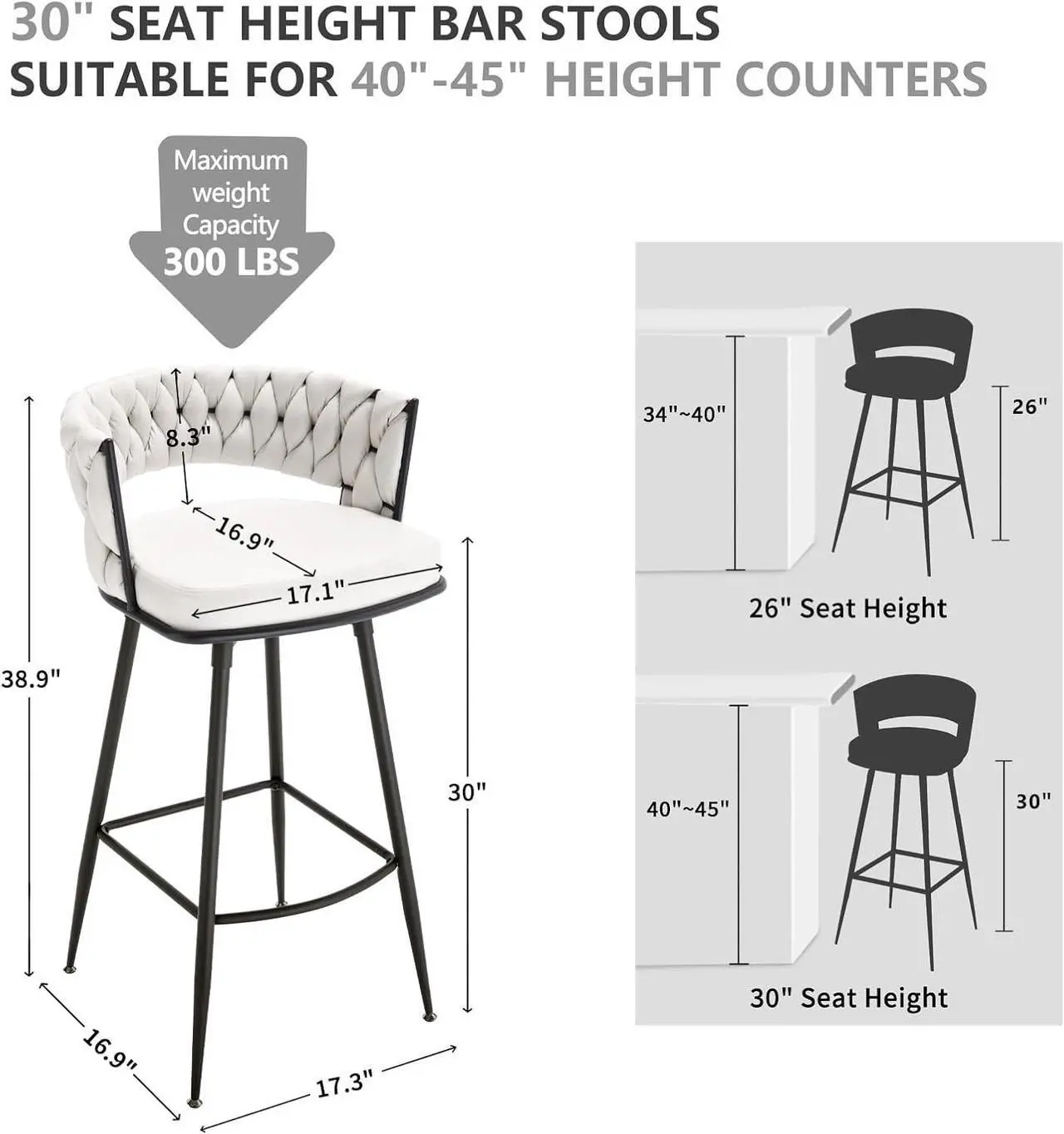Alt view image 2 of 5 - BV Bar Height Bar Stools Set of 2, 30 inch Seat Height Bar Stools, 180° Swivel Barstools with Woven Back and Footrest, Suede Fabric Counter Stools for Kitchen Island, Bar Pub