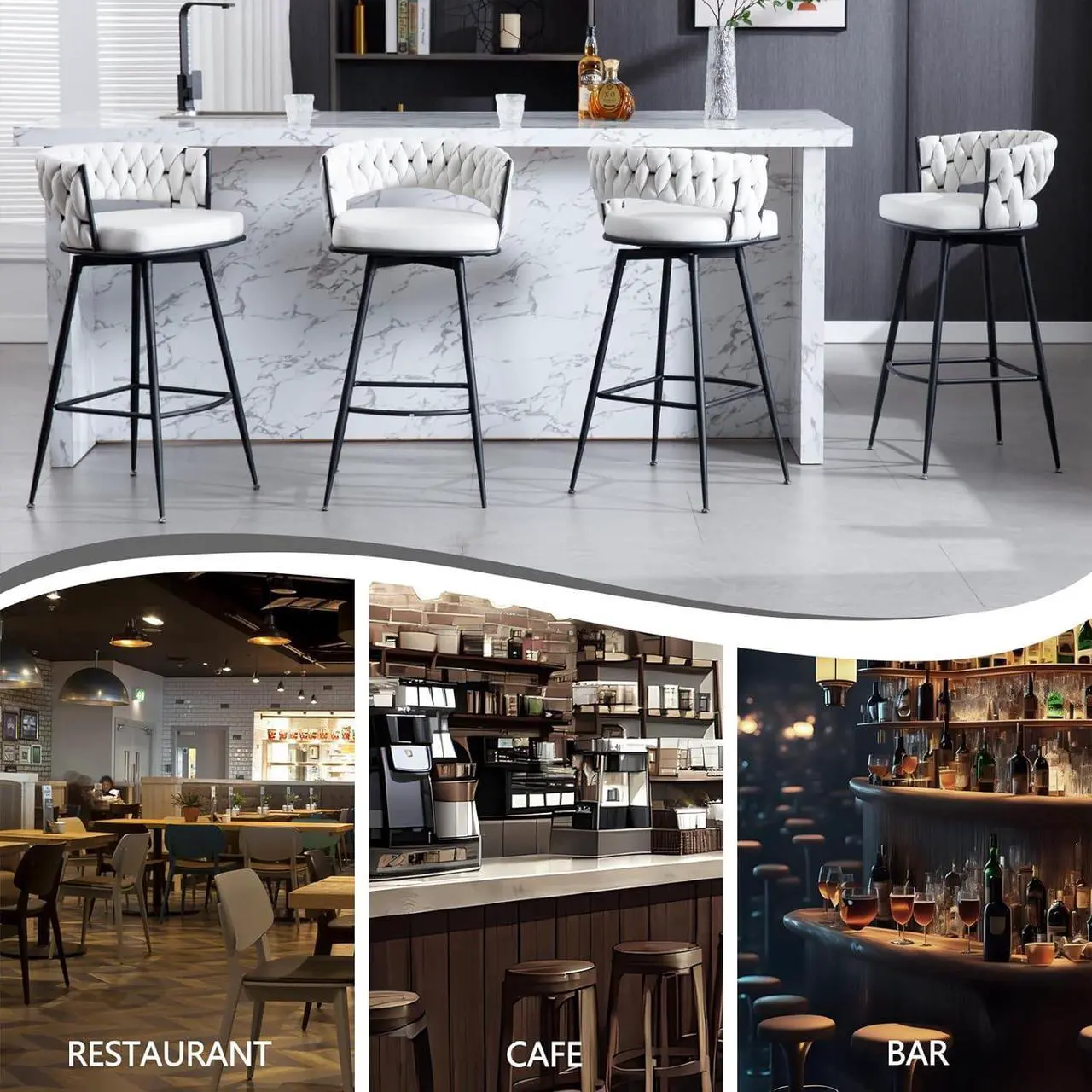 Alt view image 4 of 5 - BV Bar Height Bar Stools Set of 2, 30 inch Seat Height Bar Stools, 180° Swivel Barstools with Woven Back and Footrest, Suede Fabric Counter Stools for Kitchen Island, Bar Pub