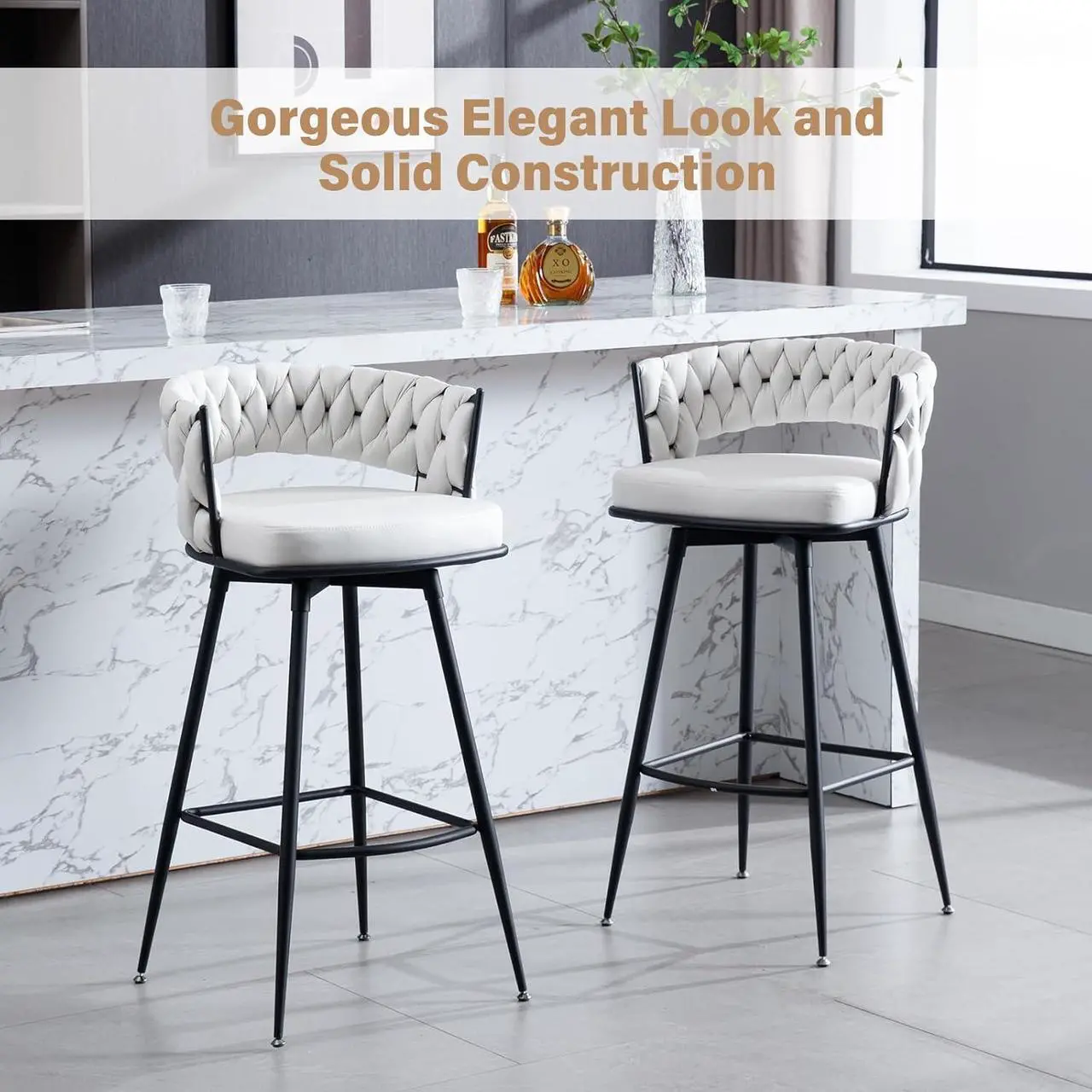 Alt view image 5 of 5 - BV Bar Height Bar Stools Set of 2, 30 inch Seat Height Bar Stools, 180° Swivel Barstools with Woven Back and Footrest, Suede Fabric Counter Stools for Kitchen Island, Bar Pub
