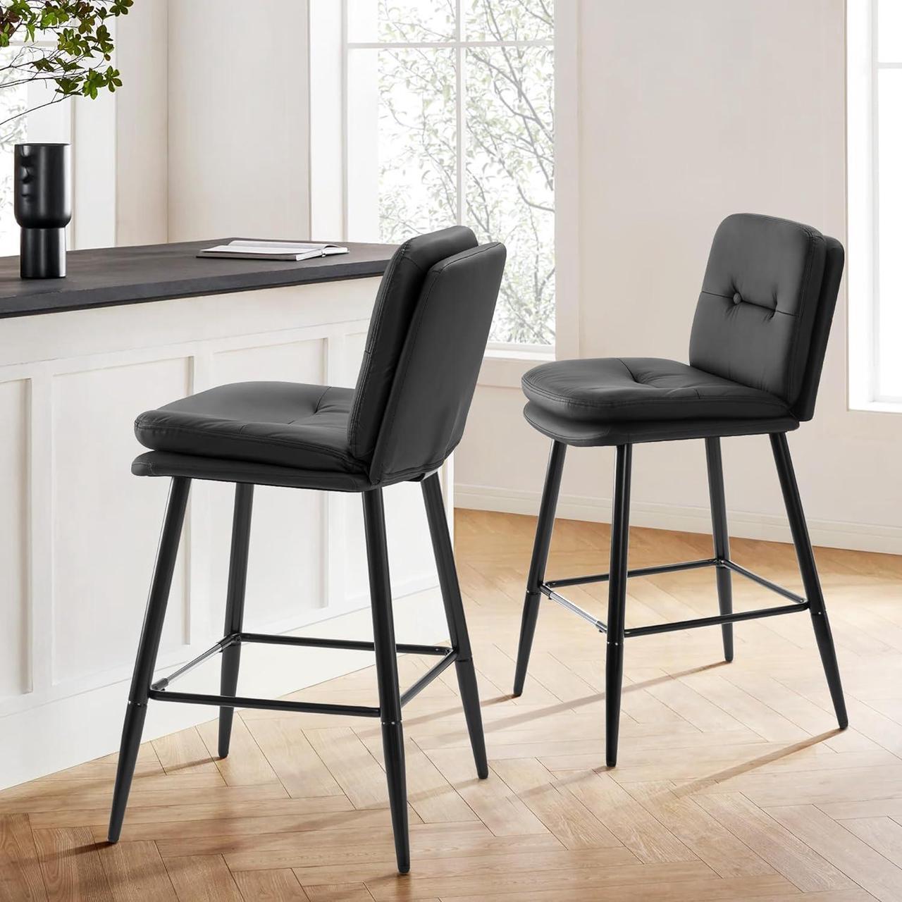 Alt view image 7 of 7 - 26 Inch Bar Stools Set of 2, High Back Barstool with Double-Layer Padding and Metal Legs, Faux Leather High Stools for Home Kitchen Island Couter (2, Black)