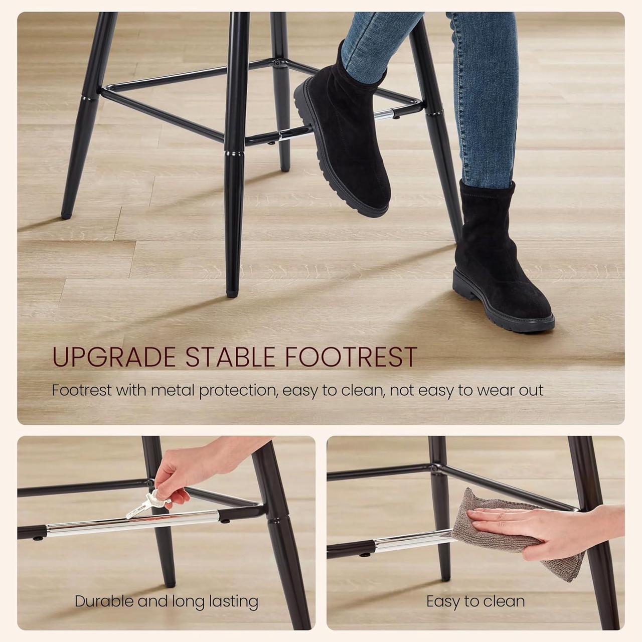 Alt view image 6 of 7 - 26 Inch Bar Stools Set of 2, High Back Barstool with Double-Layer Padding and Metal Legs, Faux Leather High Stools for Home Kitchen Island Couter (2, Black)