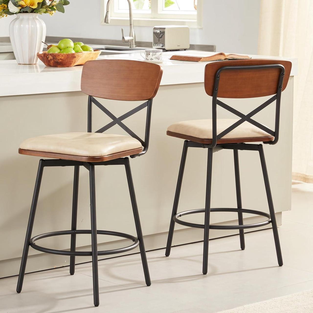 Main image of Swivel Counter Height Bar Stools Set of 2, Upholstered Barstools with Back for Kitchen Island, 26" Seat Height, Solid Wood Frame & Metal, Faux Leather Sand Grey