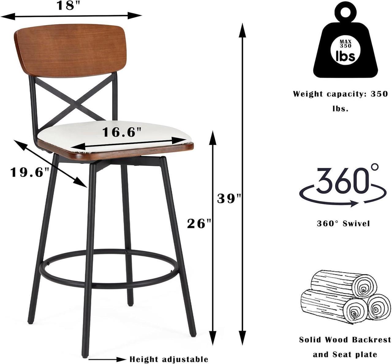 Alt view image 2 of 7 - Swivel Counter Height Bar Stools Set of 2, Upholstered Barstools with Back for Kitchen Island, 26" Seat Height, Solid Wood Frame & Metal, Faux Leather Sand Grey