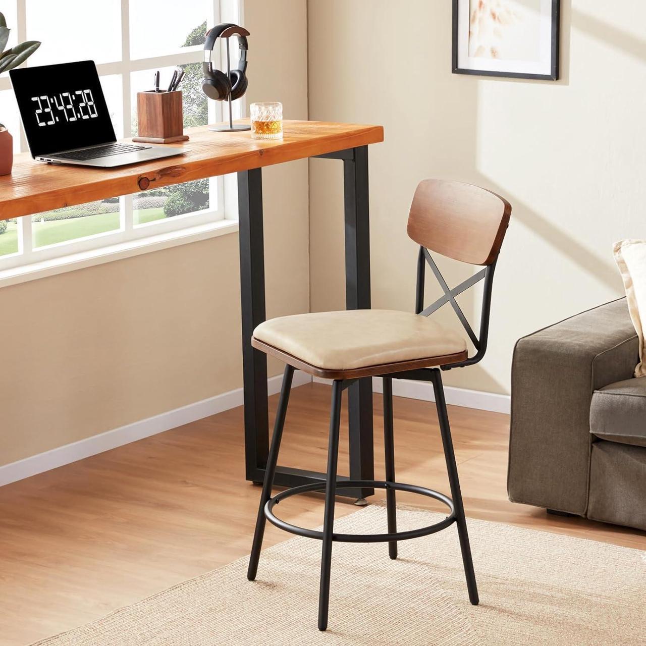 Alt view image 3 of 7 - Swivel Counter Height Bar Stools Set of 2, Upholstered Barstools with Back for Kitchen Island, 26" Seat Height, Solid Wood Frame & Metal, Faux Leather Sand Grey
