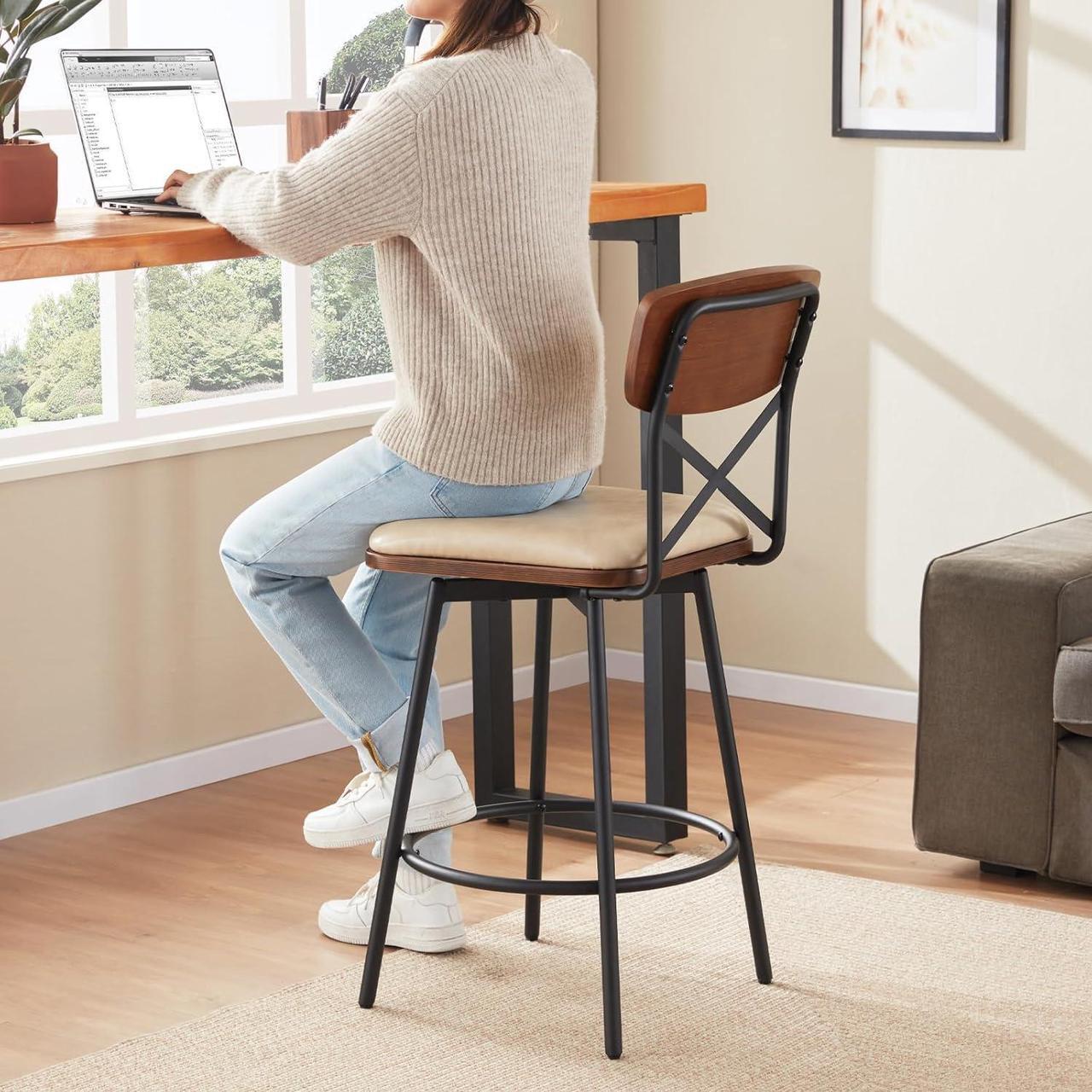 Alt view image 4 of 7 - Swivel Counter Height Bar Stools Set of 2, Upholstered Barstools with Back for Kitchen Island, 26" Seat Height, Solid Wood Frame & Metal, Faux Leather Sand Grey
