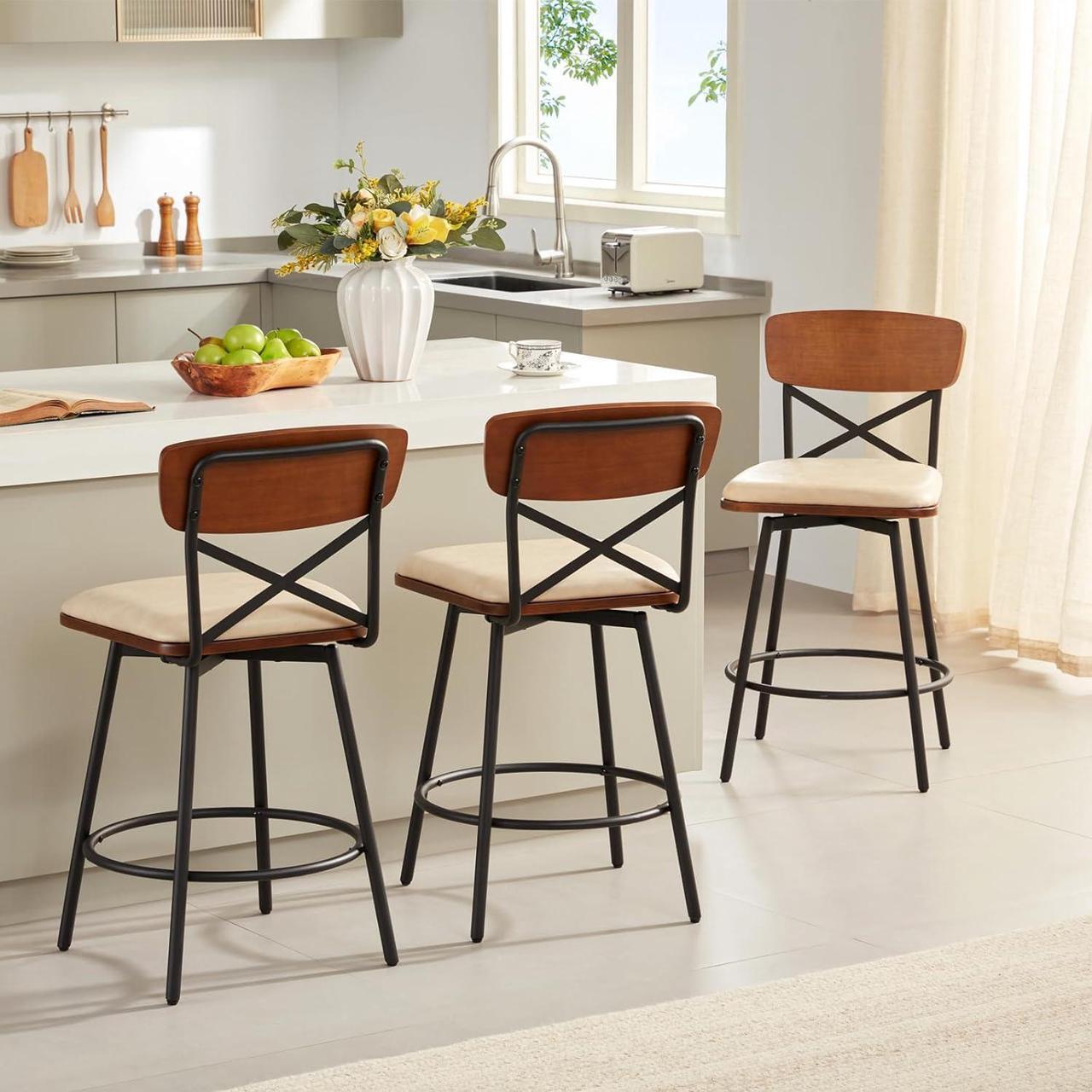 Alt view image 7 of 7 - Swivel Counter Height Bar Stools Set of 2, Upholstered Barstools with Back for Kitchen Island, 26" Seat Height, Solid Wood Frame & Metal, Faux Leather Sand Grey