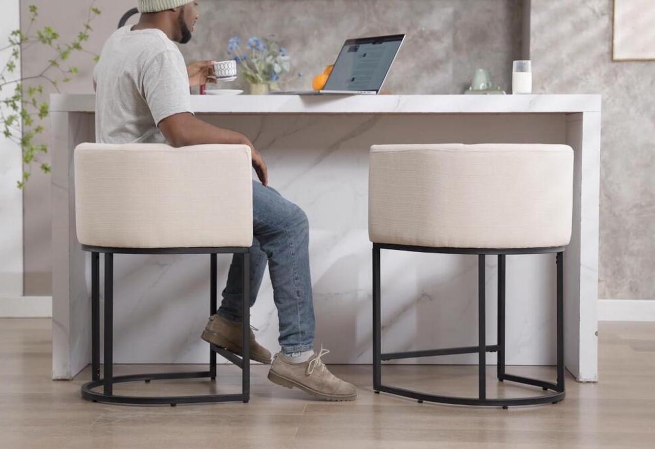 Alt view image 3 of 7 - Contemporary Cream Linen Bar Stools Set of 3, 24" Upholstered Fabric Counter Height Barstools Kitchen Counter Island Stools with Screwed Together Black Metal Base
