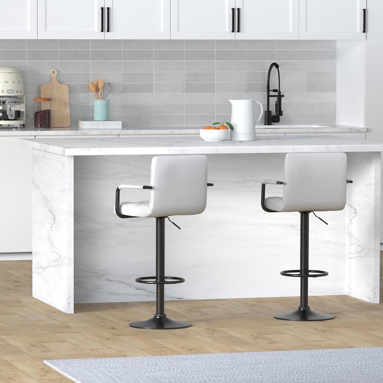 Alt view image 2 of 7 - Huracan Bar Stools Set of 2 Bar Chairs with Arms White Bar Stool with Back Swivel barstools Counter Height Stools Adjustable Bar Chair Armrest Modern Island Chairs for Kitchen(White+Black Base, 2pcs