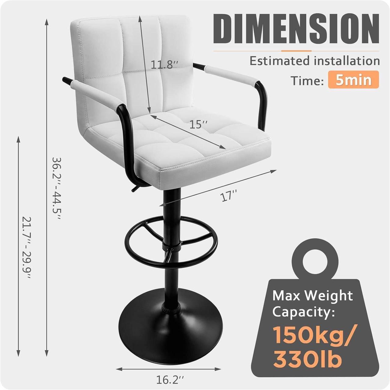 Alt view image 3 of 7 - Huracan Bar Stools Set of 2 Bar Chairs with Arms White Bar Stool with Back Swivel barstools Counter Height Stools Adjustable Bar Chair Armrest Modern Island Chairs for Kitchen(White+Black Base, 2pcs