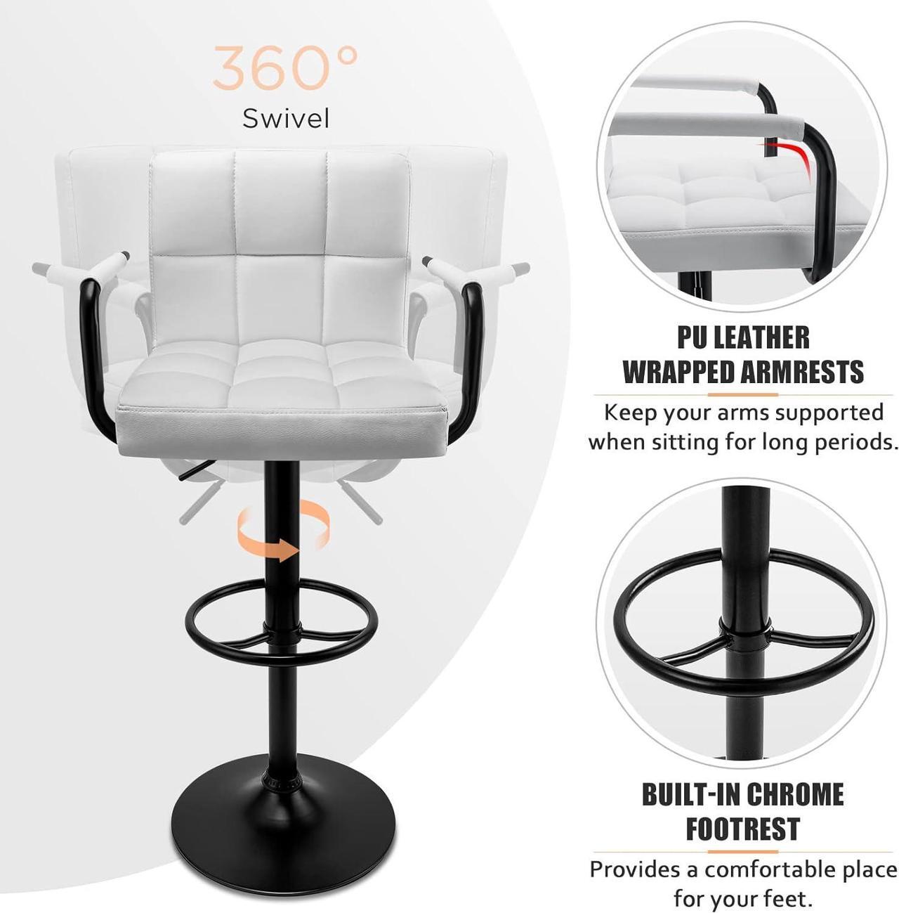 Alt view image 4 of 7 - Huracan Bar Stools Set of 2 Bar Chairs with Arms White Bar Stool with Back Swivel barstools Counter Height Stools Adjustable Bar Chair Armrest Modern Island Chairs for Kitchen(White+Black Base, 2pcs