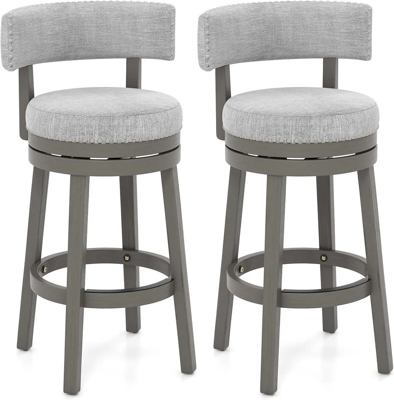 Main image of COSTWAY Bar Stools Set of 2, 31-inch 360° Swivel Barstool with Upholstered Back & Seat, Solid Rubber Wood Legs & Round Footrest, Farmhouse Bar Height Chair for Home, Bar, Grey (2, Seat Height 31)