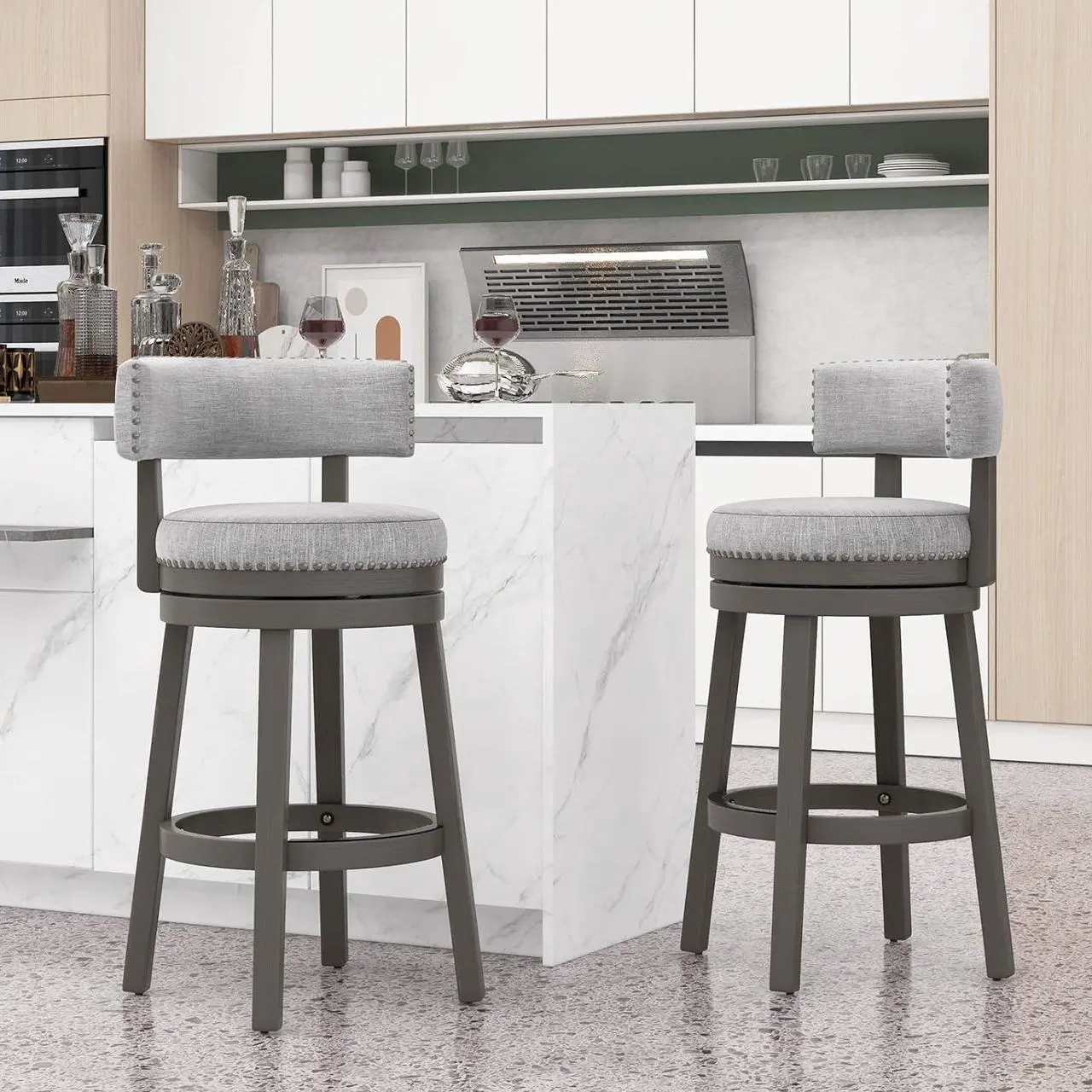 Alt view image 2 of 7 - COSTWAY Bar Stools Set of 2, 31-inch 360° Swivel Barstool with Upholstered Back & Seat, Solid Rubber Wood Legs & Round Footrest, Farmhouse Bar Height Chair for Home, Bar, Grey (2, Seat Height 31)