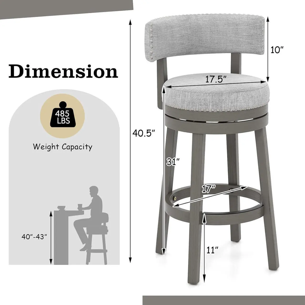 Alt view image 3 of 7 - COSTWAY Bar Stools Set of 2, 31-inch 360° Swivel Barstool with Upholstered Back & Seat, Solid Rubber Wood Legs & Round Footrest, Farmhouse Bar Height Chair for Home, Bar, Grey (2, Seat Height 31)