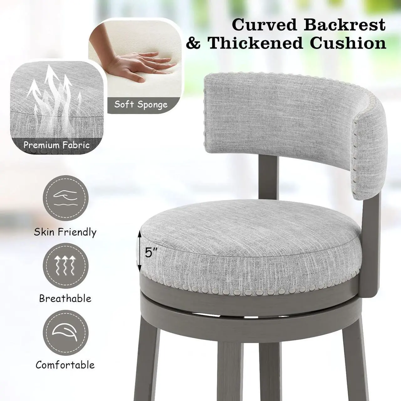 Alt view image 4 of 7 - COSTWAY Bar Stools Set of 2, 31-inch 360° Swivel Barstool with Upholstered Back & Seat, Solid Rubber Wood Legs & Round Footrest, Farmhouse Bar Height Chair for Home, Bar, Grey (2, Seat Height 31)