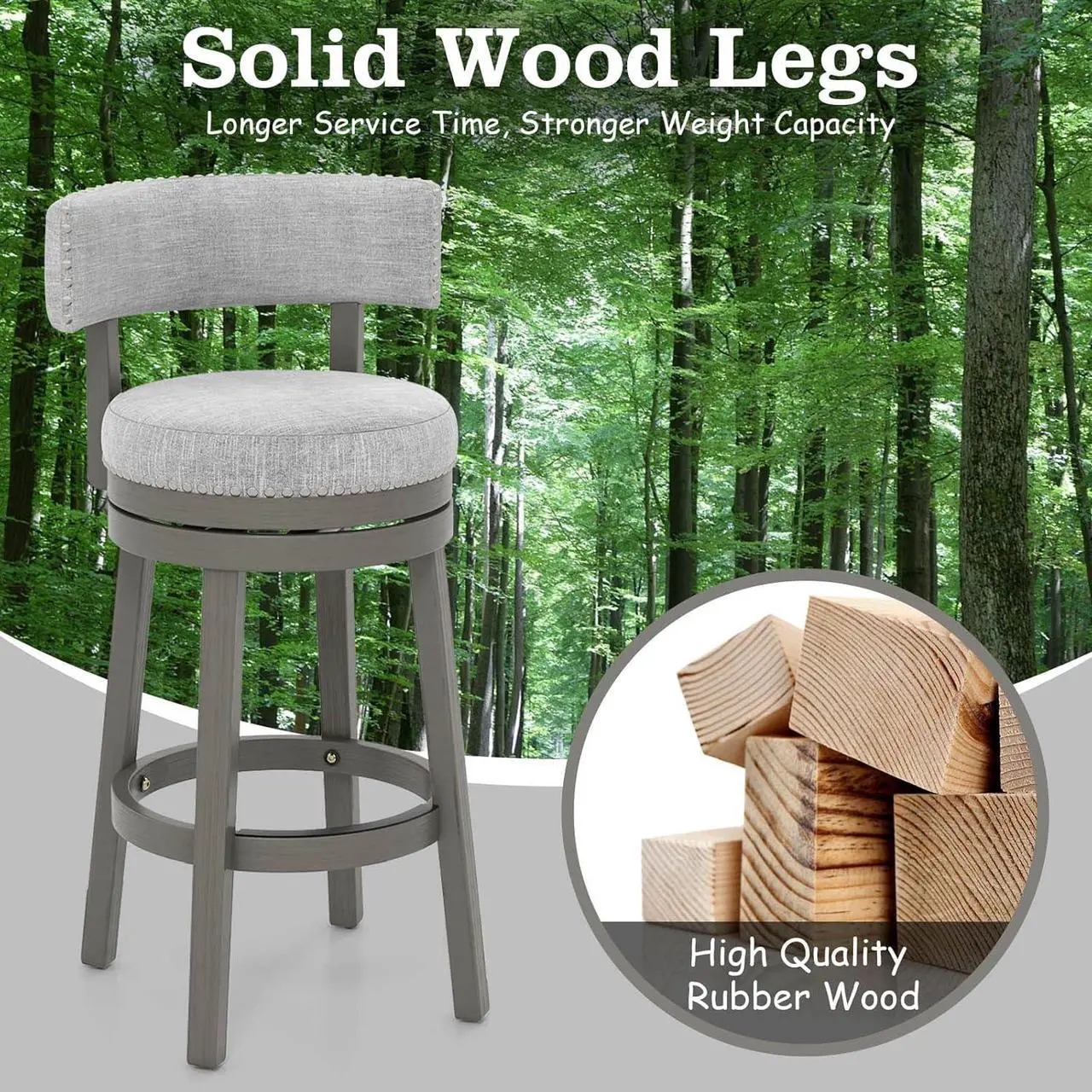 Alt view image 5 of 7 - COSTWAY Bar Stools Set of 2, 31-inch 360° Swivel Barstool with Upholstered Back & Seat, Solid Rubber Wood Legs & Round Footrest, Farmhouse Bar Height Chair for Home, Bar, Grey (2, Seat Height 31)