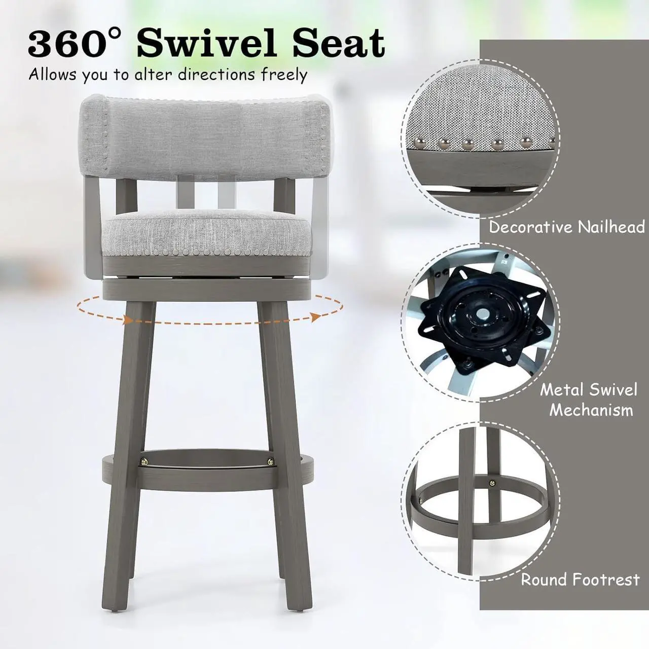 Alt view image 6 of 7 - COSTWAY Bar Stools Set of 2, 31-inch 360° Swivel Barstool with Upholstered Back & Seat, Solid Rubber Wood Legs & Round Footrest, Farmhouse Bar Height Chair for Home, Bar, Grey (2, Seat Height 31)