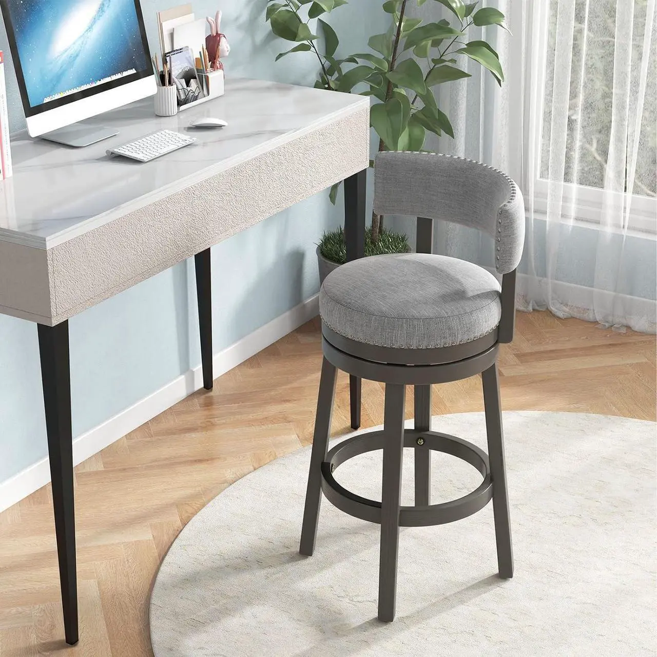 Alt view image 7 of 7 - COSTWAY Bar Stools Set of 2, 31-inch 360° Swivel Barstool with Upholstered Back & Seat, Solid Rubber Wood Legs & Round Footrest, Farmhouse Bar Height Chair for Home, Bar, Grey (2, Seat Height 31)