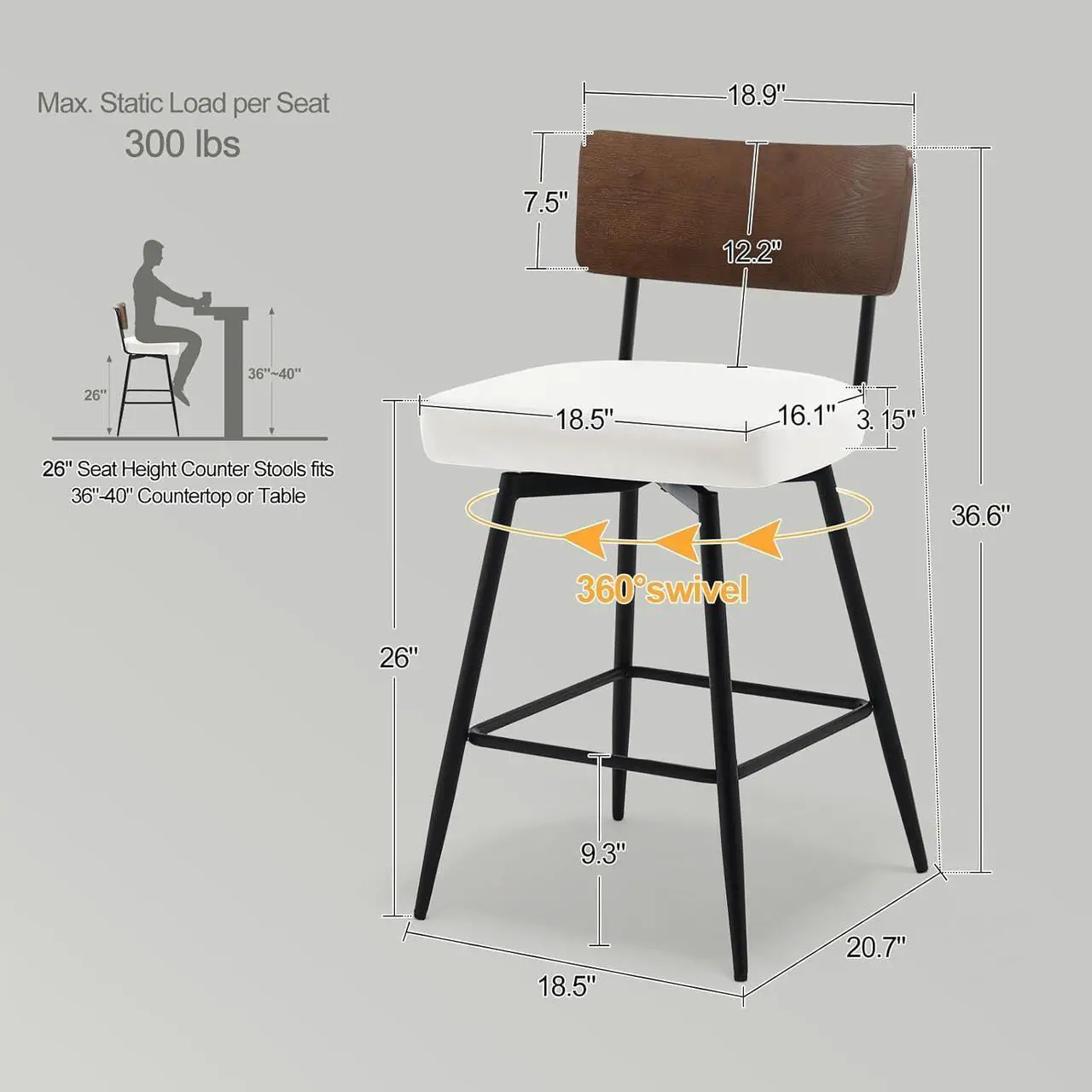 Alt view image 2 of 7 - Counter Height Swivel Bar Stools Set of 3, Upholstered Faux Leather Barstools with Wood Backs and Metal Legs, 26" Seat Height Counter Bar Stool for Kitchen Island, White