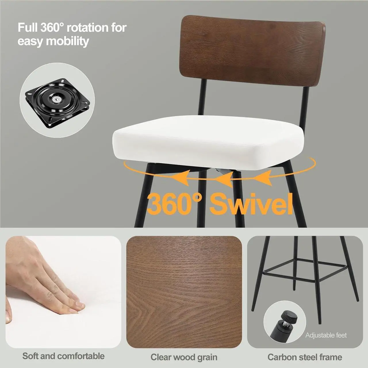 Alt view image 3 of 7 - Counter Height Swivel Bar Stools Set of 3, Upholstered Faux Leather Barstools with Wood Backs and Metal Legs, 26" Seat Height Counter Bar Stool for Kitchen Island, White