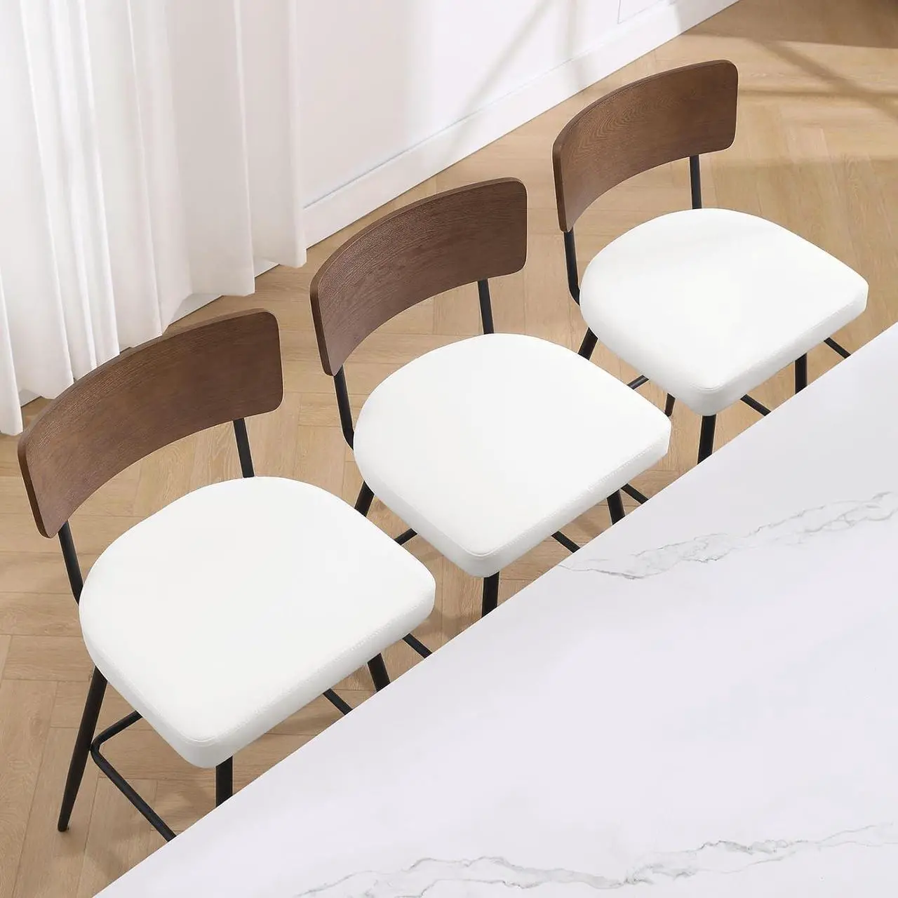 Alt view image 6 of 7 - Counter Height Swivel Bar Stools Set of 3, Upholstered Faux Leather Barstools with Wood Backs and Metal Legs, 26" Seat Height Counter Bar Stool for Kitchen Island, White