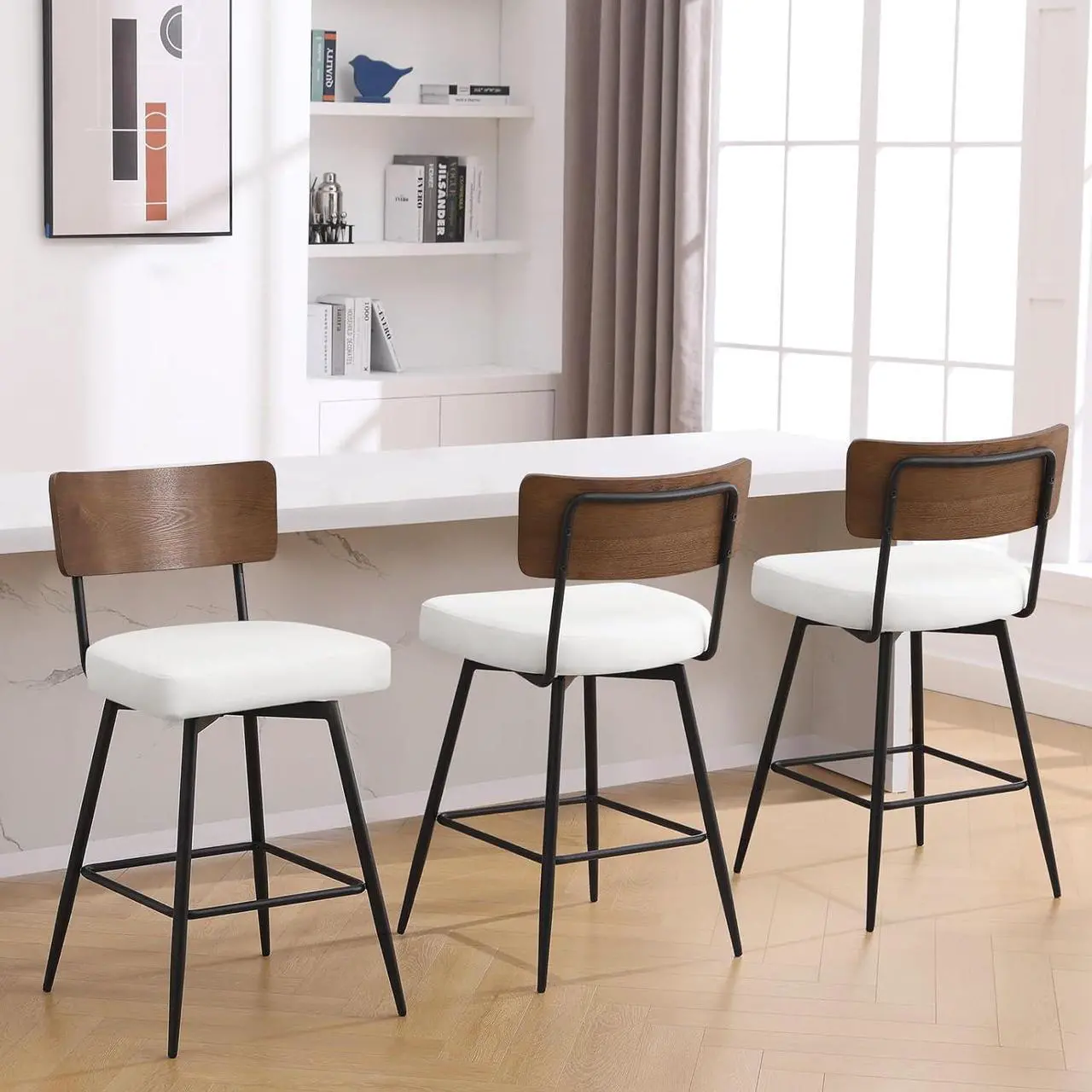Alt view image 5 of 7 - Counter Height Swivel Bar Stools Set of 3, Upholstered Faux Leather Barstools with Wood Backs and Metal Legs, 26" Seat Height Counter Bar Stool for Kitchen Island, White