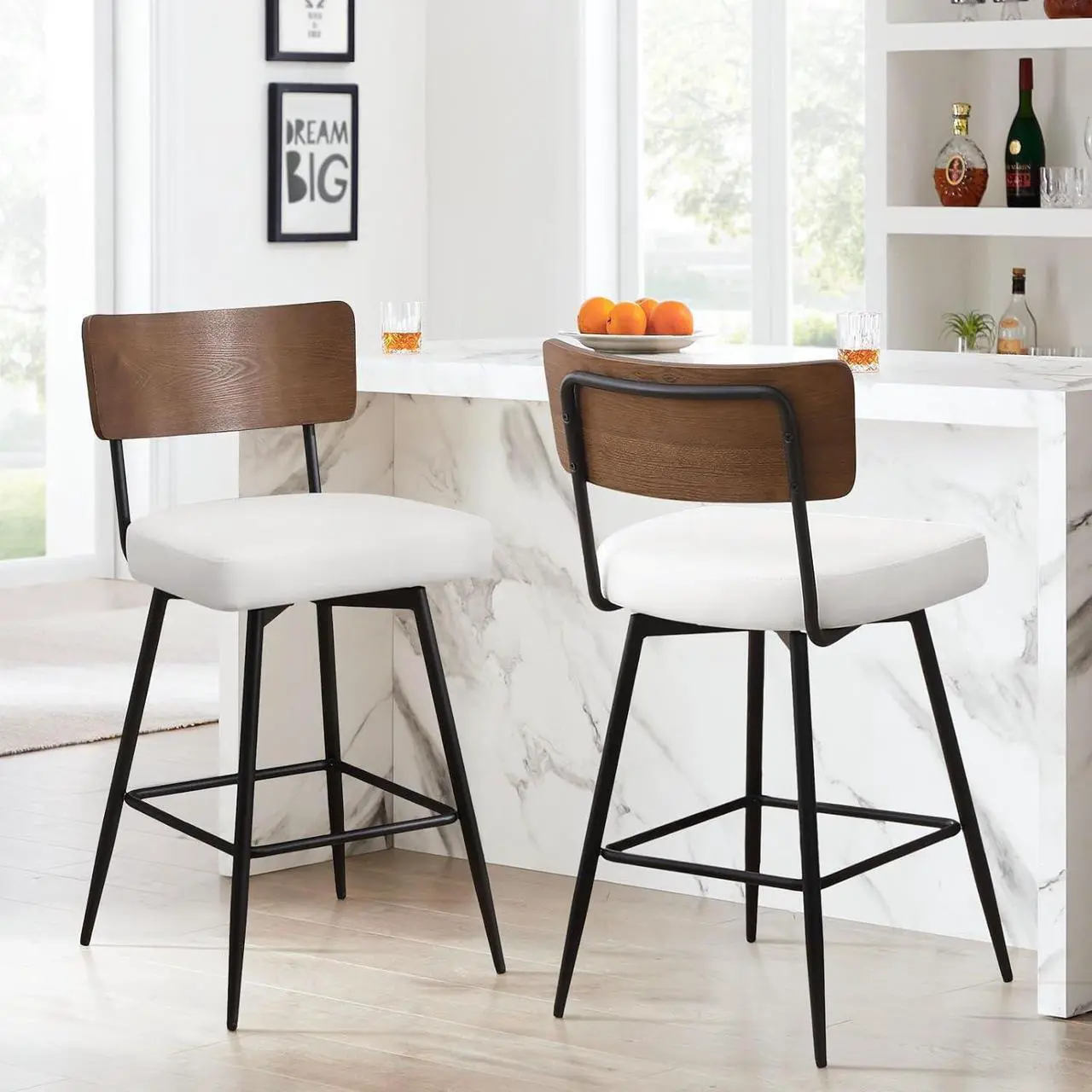 Alt view image 7 of 7 - Counter Height Swivel Bar Stools Set of 3, Upholstered Faux Leather Barstools with Wood Backs and Metal Legs, 26" Seat Height Counter Bar Stool for Kitchen Island, White