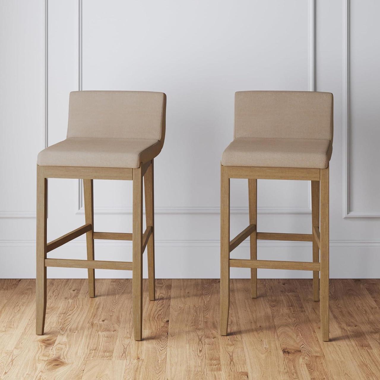 Main image of Nathan James Gracie Modern Bar Stool with Back, Cushioned Bar Height Stool with Natural Flax Upholstery and Brushed Wooden Legs, Natural Flax/Brown, Set of 2