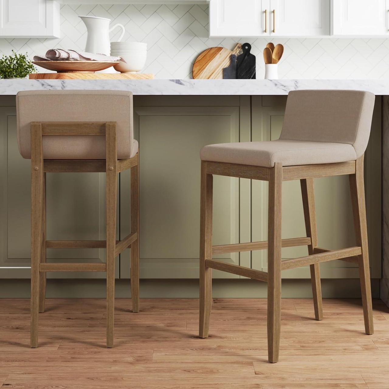 Alt view image 3 of 7 - Nathan James Gracie Modern Bar Stool with Back, Cushioned Bar Height Stool with Natural Flax Upholstery and Brushed Wooden Legs, Natural Flax/Brown, Set of 2